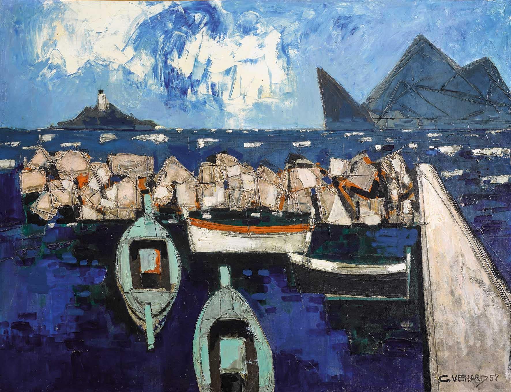 Claude Vénard Landscape Painting - Vibrant Blue Abstract Harbour Scene with Boats and Sea 'Le Port' by ClaudeVenard