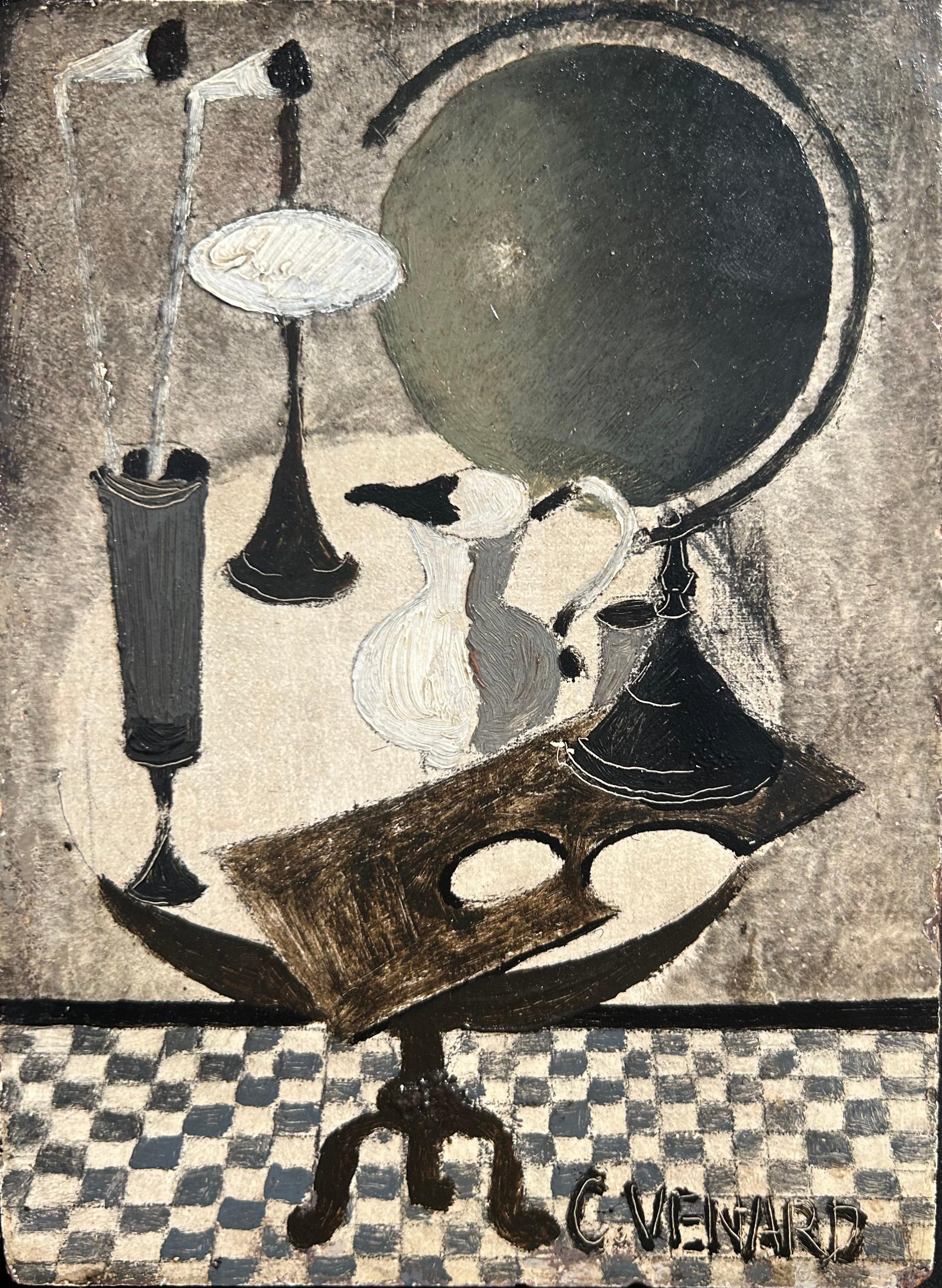 White Water Jug Abstract Interior Still Life painting, monochrome, white, black