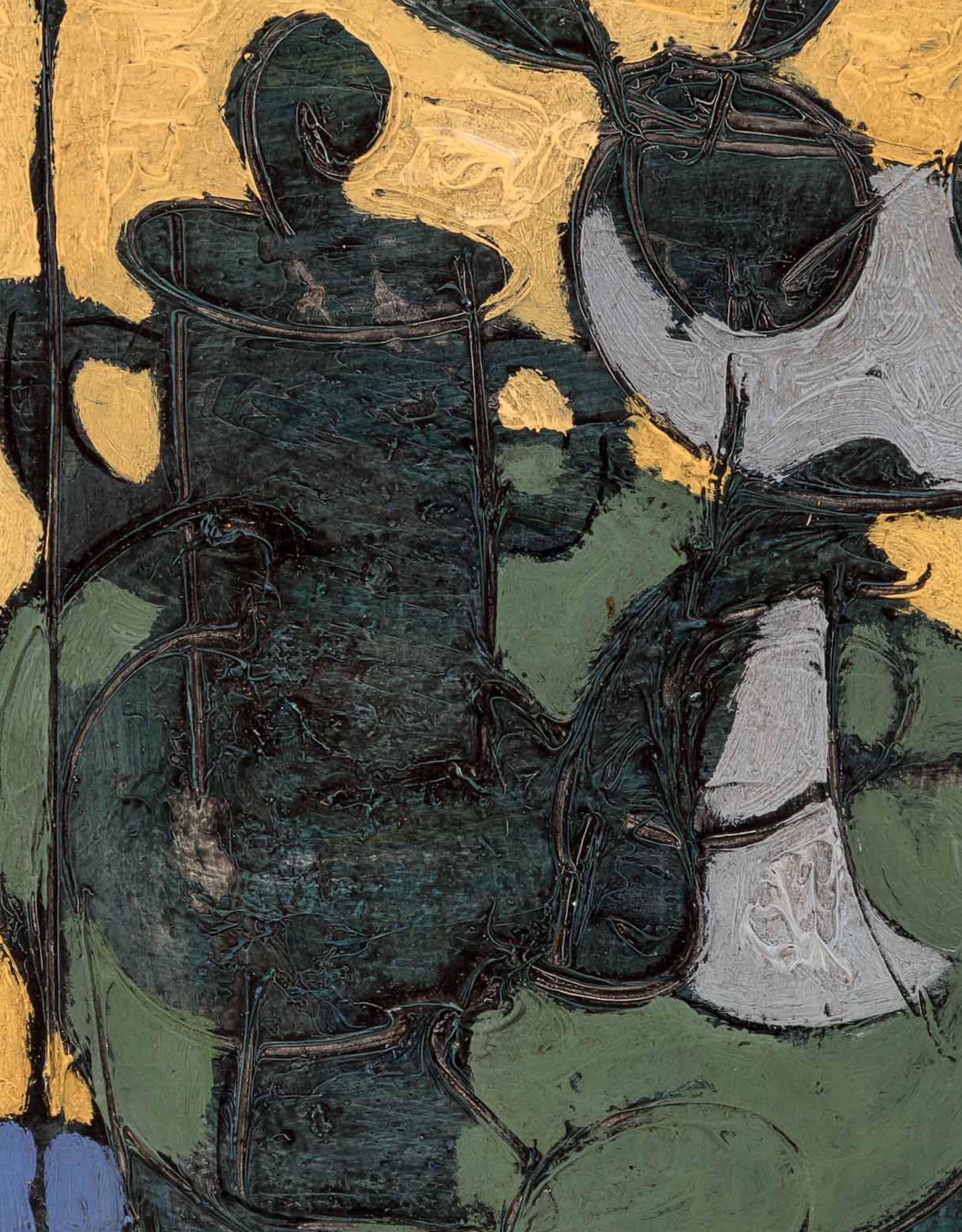 Yellow & Green Still Life painting of a coffee pot 'Cafietiere avec des Fruits'
