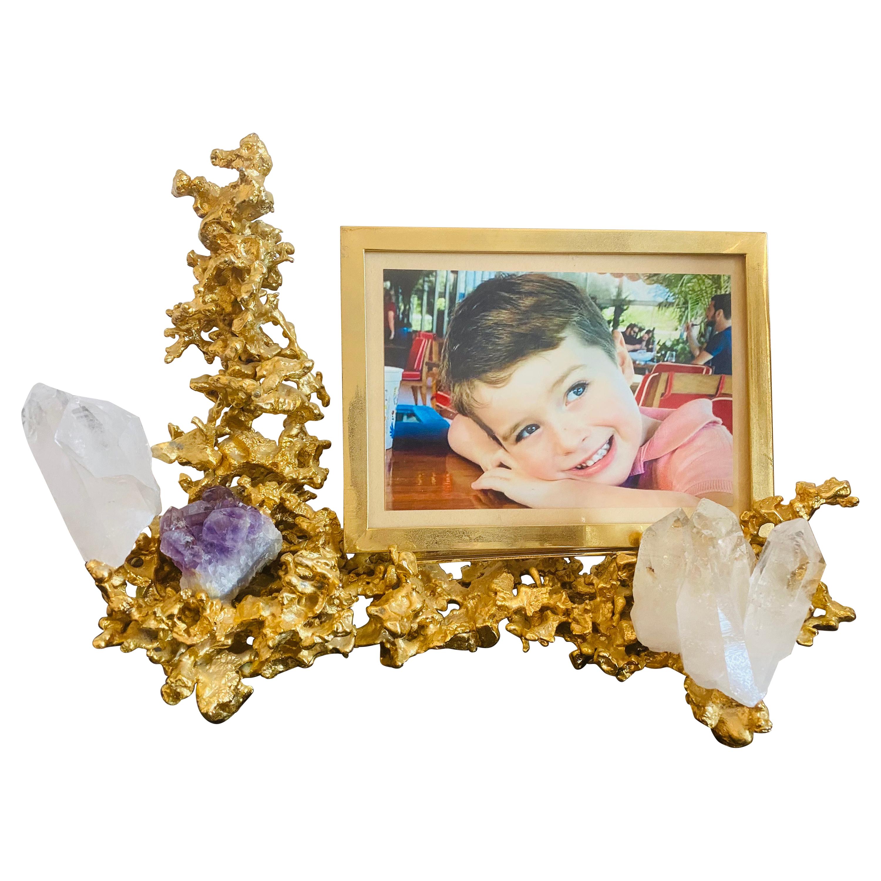 Claude Victor Boeltz French 1970s Gold Bronze Crystal Amethyst Picture Frame For Sale