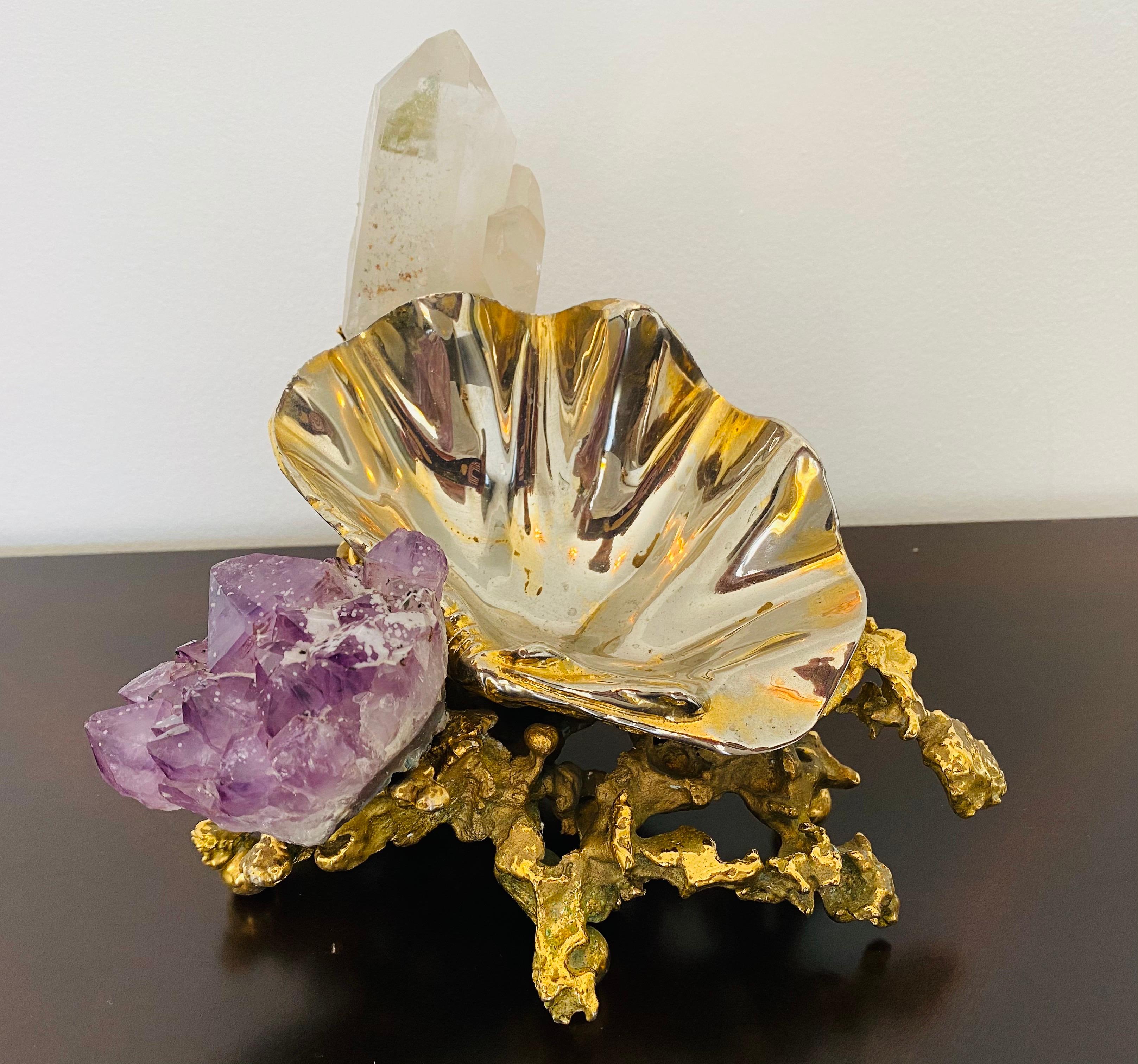 A unique 1970s French Dore/Golden bronze sculpture with a large amethyst and quartz clusters and oyster shell. 

Biography: Claude Victor Boeltz, the European surrealist master artist was born in Paris, France in 1937. ... This gorgeous
