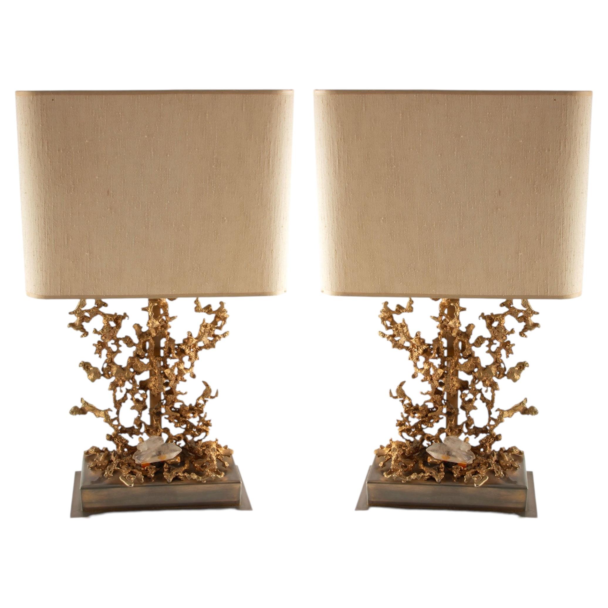 CLAUDE VICTOR BOELTZ Pair of Gilt Bronze "Bronze Éclaté" Table Lamps. 1970's