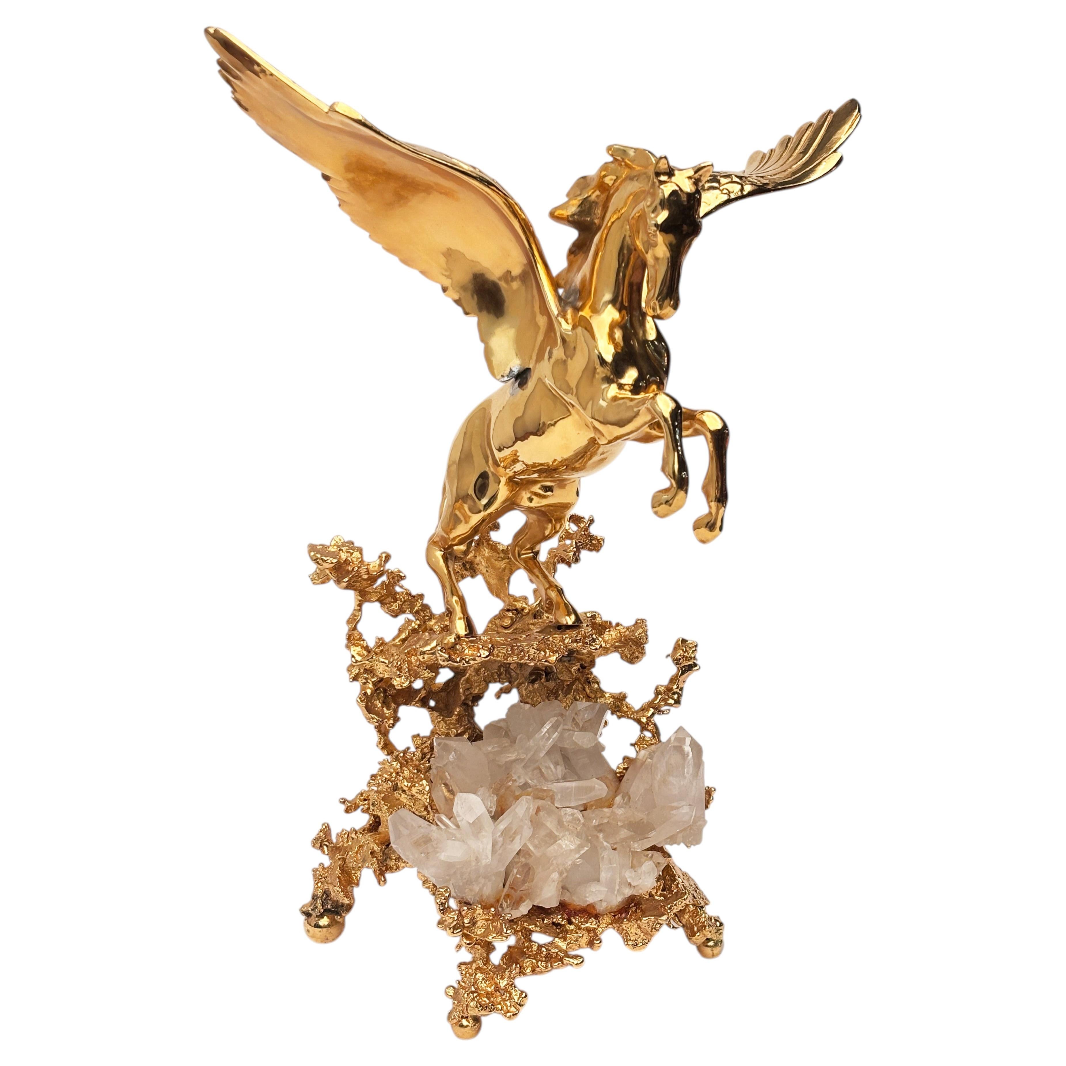 Claude Victor Boeltz “Pegasus” 24k Gold Electroplate, Bronze Quartz Sculpture