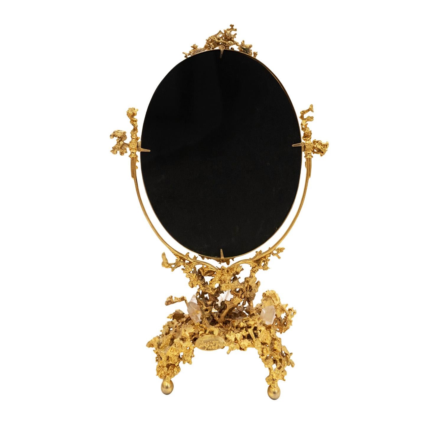 French Claude Victor Boeltz Rare Vanity Mirror in Gold with Rock Crystals 1983 'Signed' For Sale