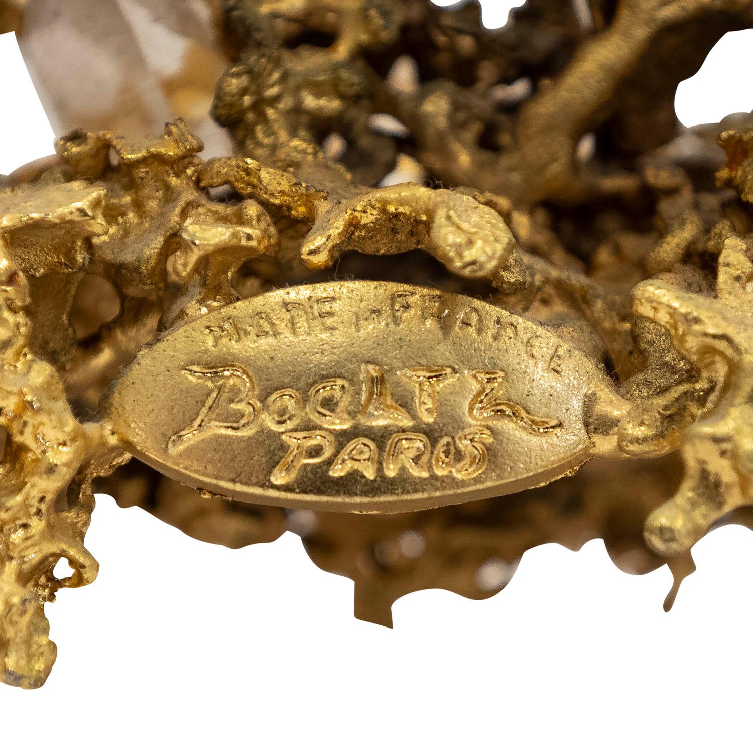 Or Rare miroir de coiffeuse Claude Victor Boeltz en or avec cristaux de roche 1983 (signé) en vente