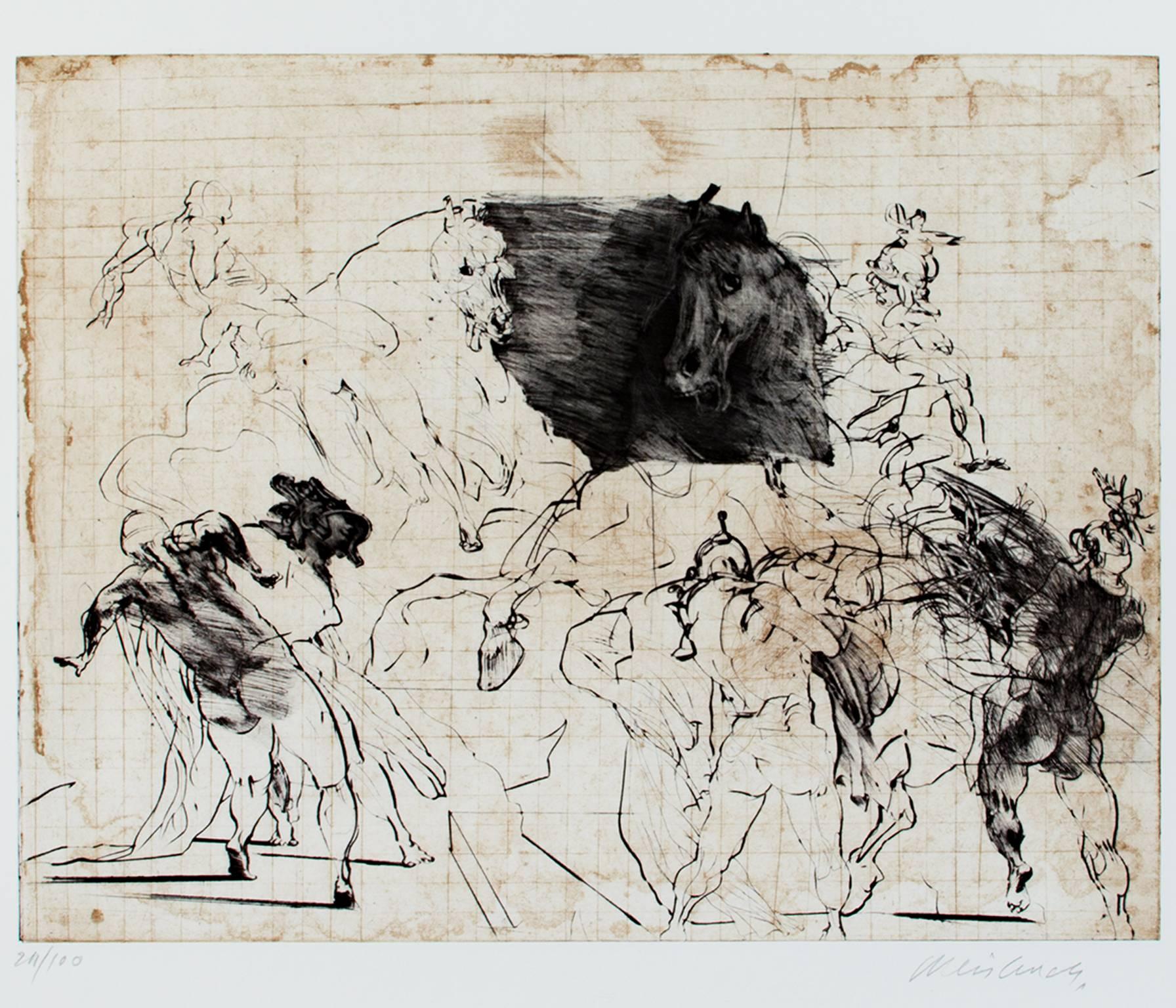 "Combat Equestre" ist eine Original-Lithographie von Claude Weisbuch. Der Künstler hat das Werk rechts unten signiert und links unten die Nummer der Auflage (24/100) angegeben. Dieses Stück stellt mehrere Figuren und Pferde in einer Schlacht dar.