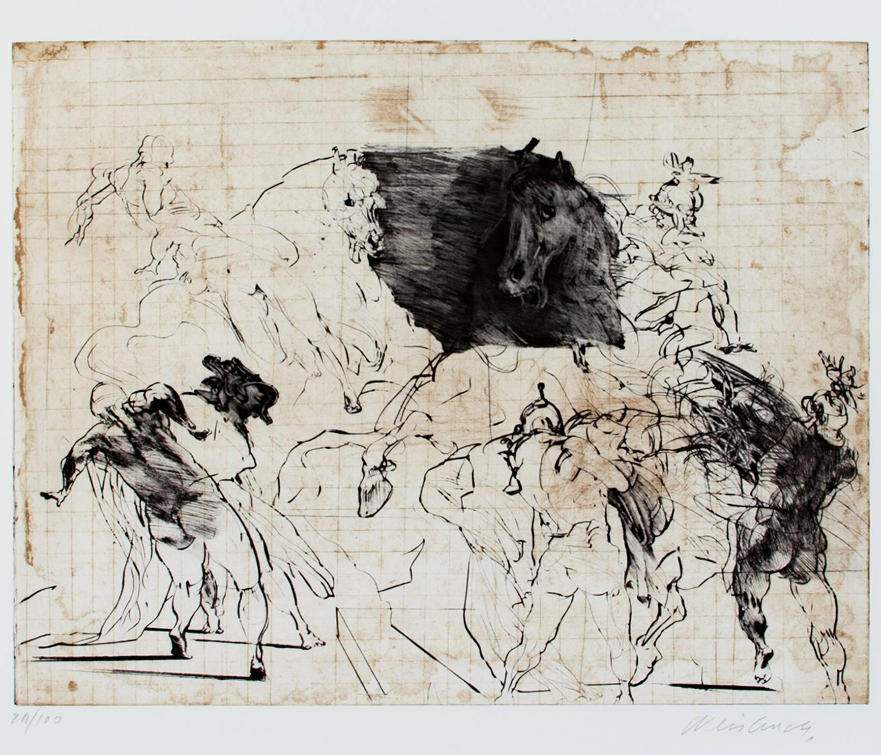 siglo xx punta seca aguafuerte figurativo animal print caballos boceto firmado
