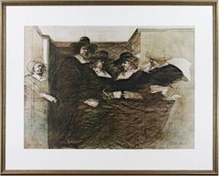 Lithographie des 20. Jahrhunderts, figurativer Druck, männliche Motive mit Hüten, dunkle Szene, signiert