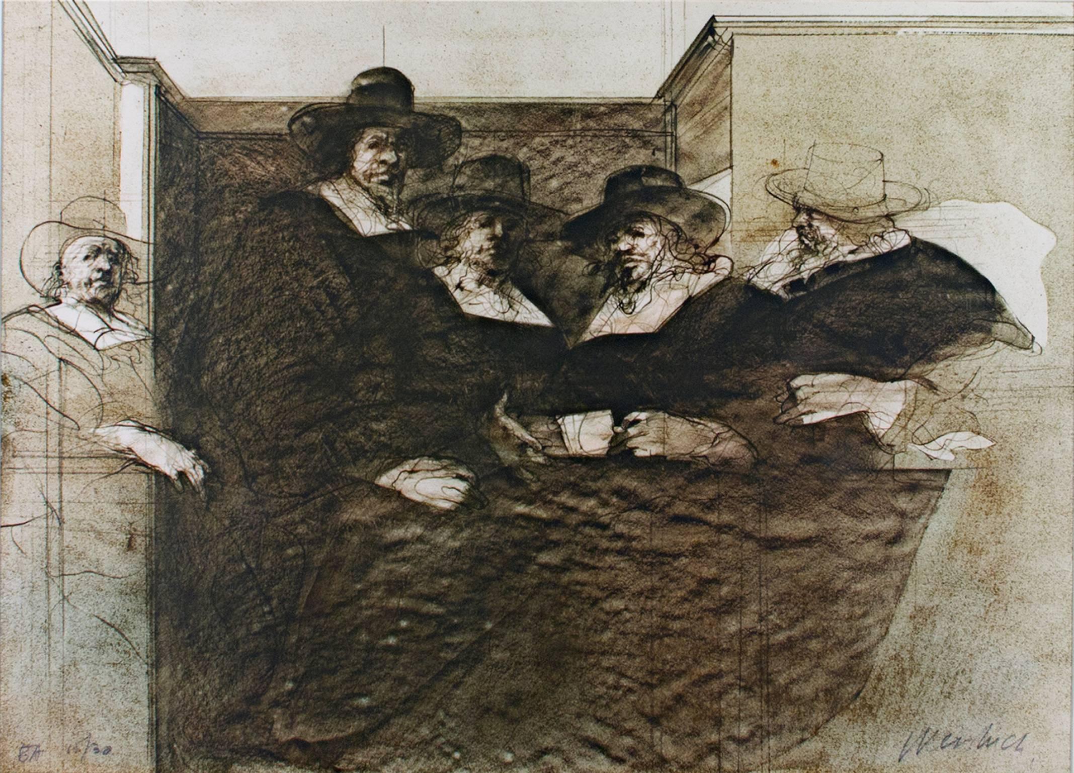 "Five Dutchmen with Hats" is an original lithograph by Claude Weisbuch. The artist signed the piece lower right and wrote the edition number (EA 15/30) in the lower left. This piece depicts multiple figures in black robes in an interior, possibly