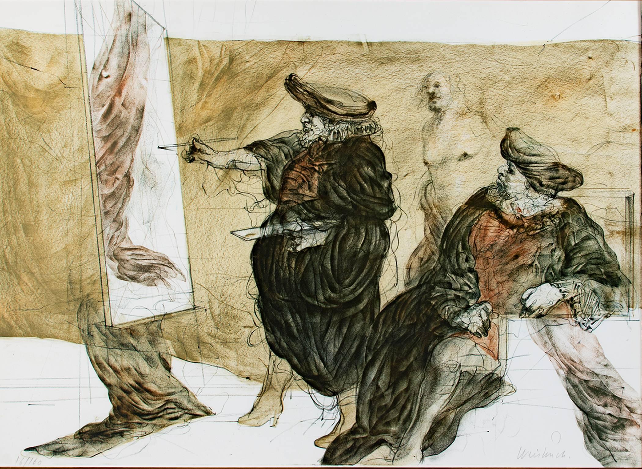 "Geste et Peinture" is an original color lithograph by Claude Weisbuch. The artist signed the piece in the lower right and wrote the edition number (16/160) in the lower left. This piece depicts an artist at his easel painting fabric while another