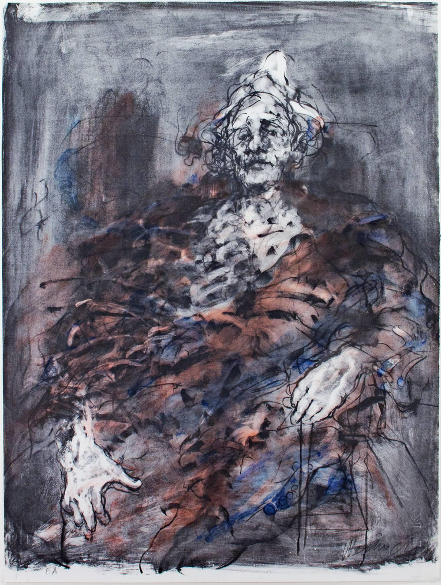 "Le Clown" es una litografía original de Claude Weisbuch. El artista firmó la pieza abajo a la derecha y escribió el número de edición (E.A.) abajo a la izquierda. Esta pieza es un retrato de un payaso sentado. 

Imagen de 29 5/8" x 21 3/8
Marco 37