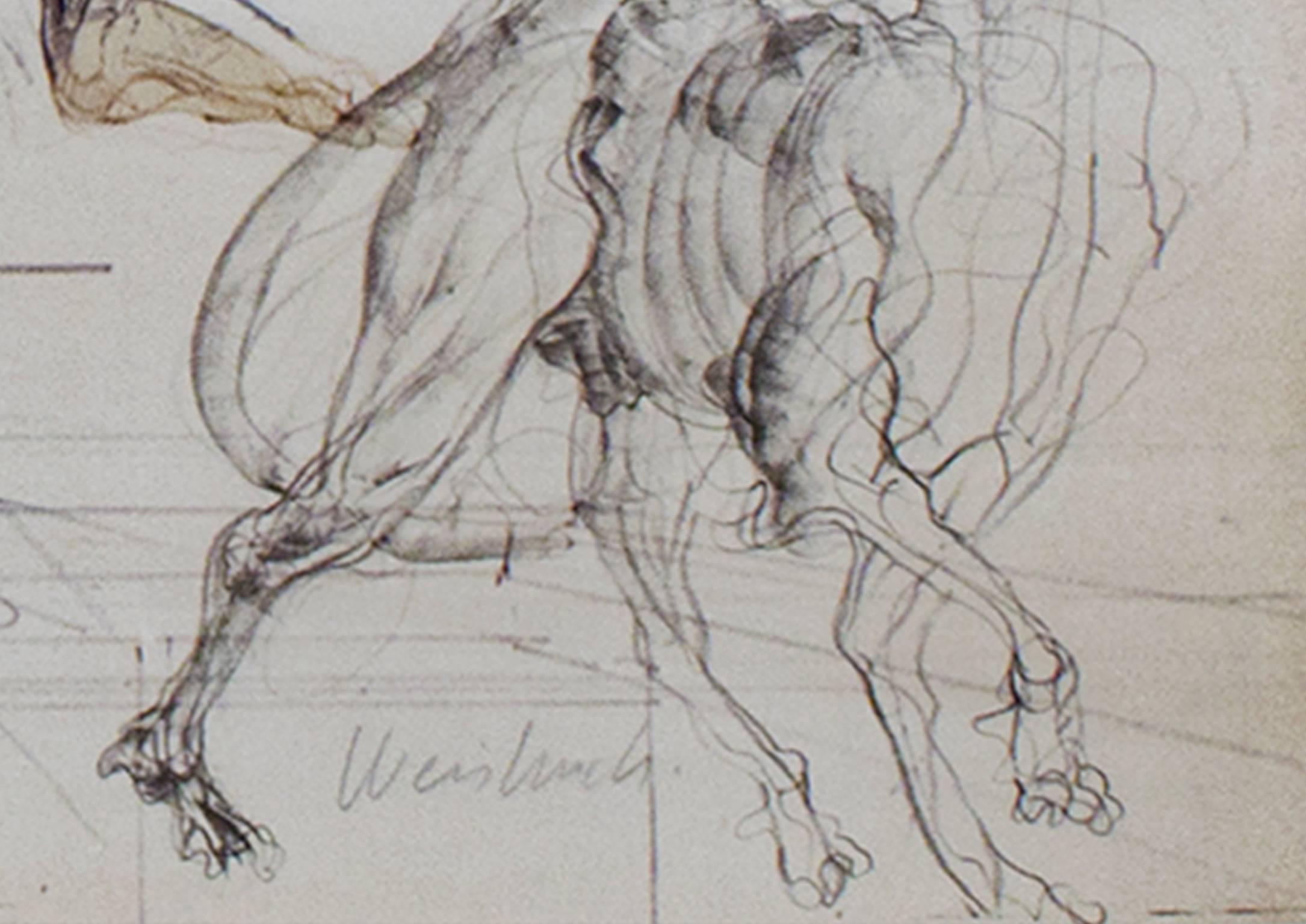 litografia a colori del XX secolo stampa figurativa soggetti maschili scena di schizzo firmata - Print di Claude Weisbuch