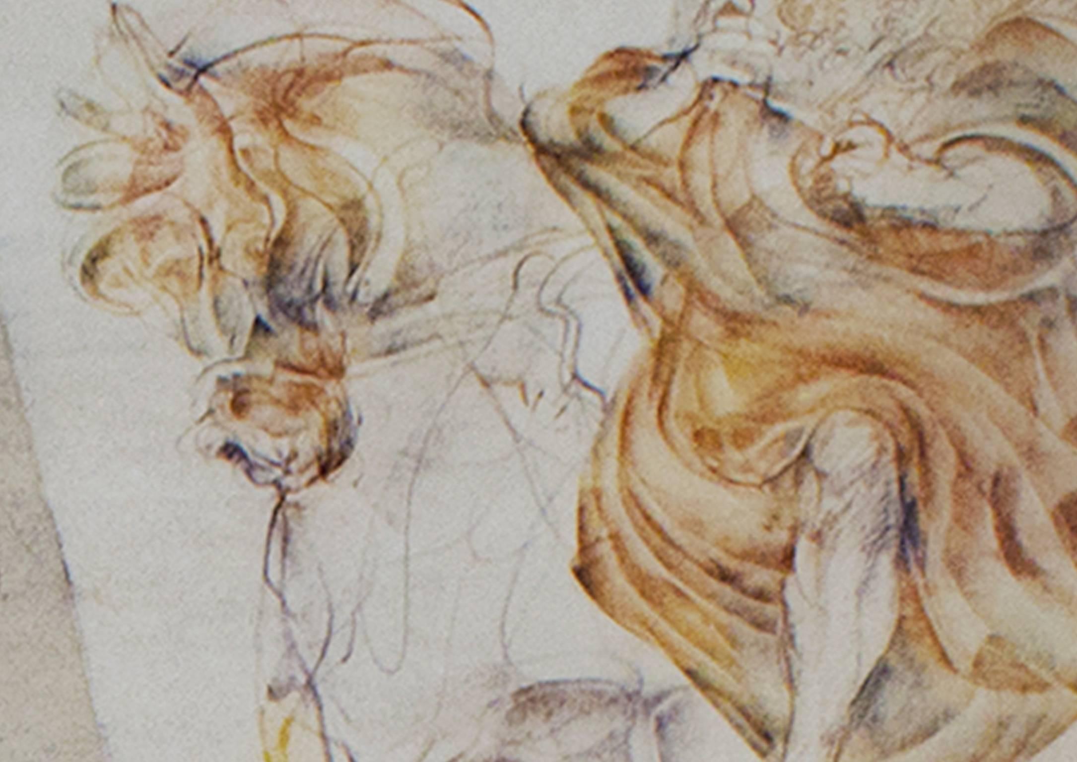 litografia a colori del XX secolo stampa figurativa soggetti maschili scena di schizzo firmata - Figurative Print Grigio di Claude Weisbuch