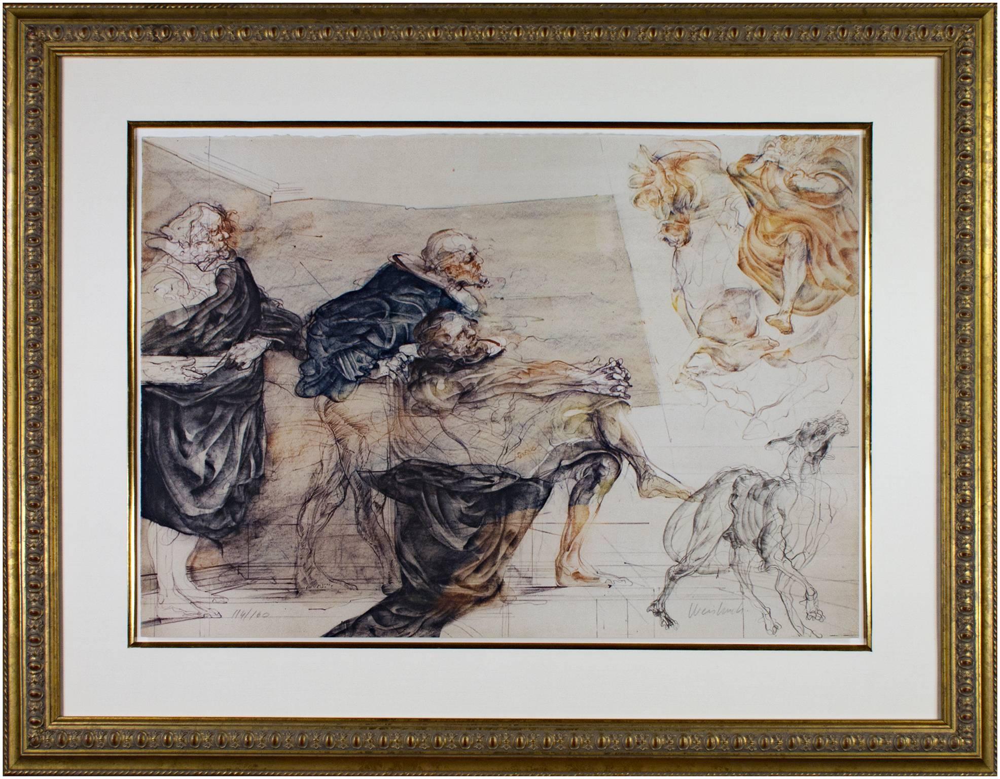 litografia a colori del XX secolo stampa figurativa soggetti maschili scena di schizzo firmata in vendita 1
