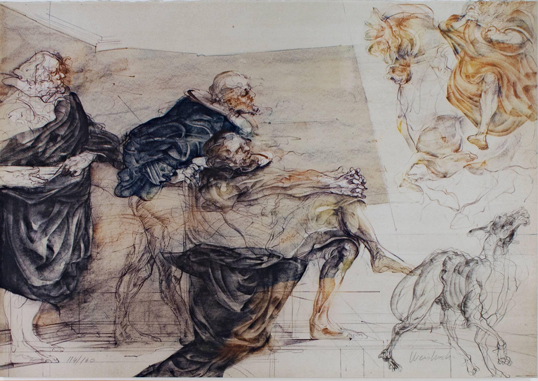 "Le Portrait Equestre" ist eine originale Farblithographie von Claude Weisbuch. Dieses Stück zeigt eine Reihe von Figuren in schwarzen Gewändern, die auf Pferde blicken. Der Künstler hat das Werk rechts unten signiert und links unten die Nummer der