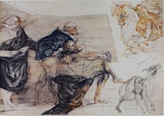 Siglo XX litografía en color grabado figurativo sujetos masculinos esbozo escena firmado