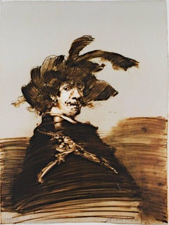 19th century color lithograph portrait Rembrandt expressive sepia contrast
