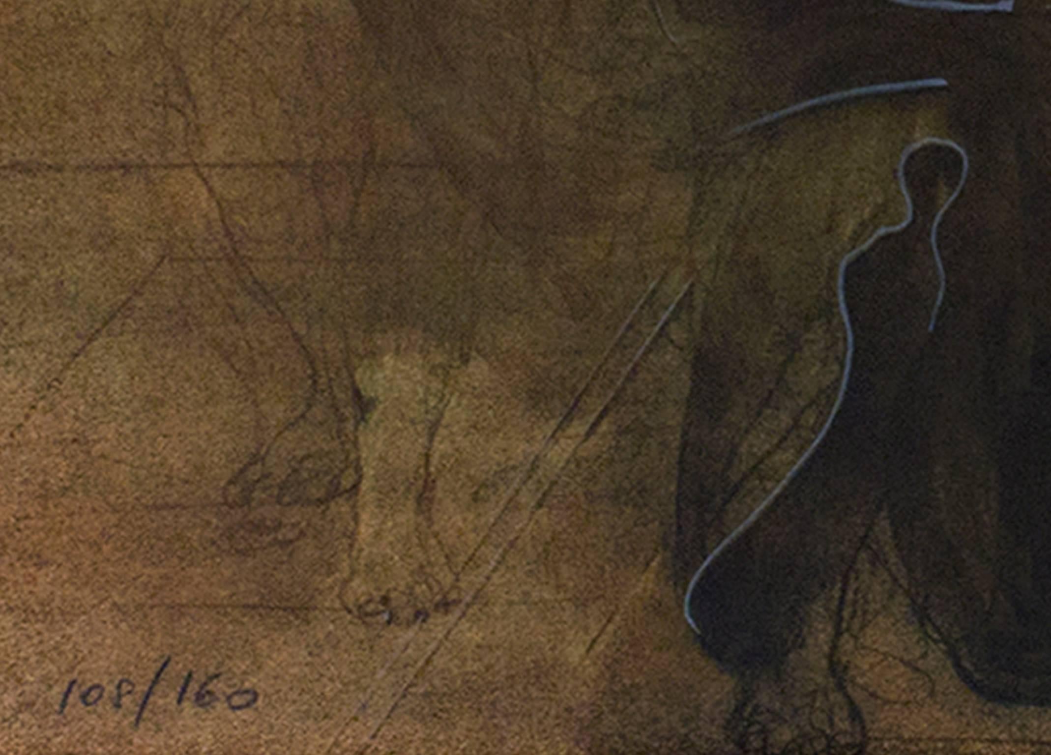 Siglo XX litografía en color grabado figurativo sujeto masculino escena oscura firmado - Print Moderno de Claude Weisbuch