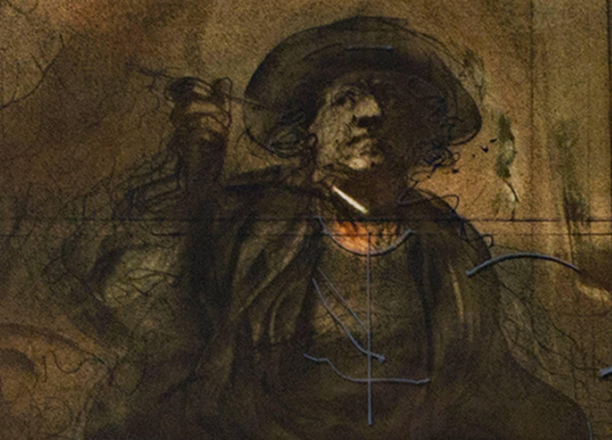 Siglo XX litografía en color grabado figurativo sujeto masculino escena oscura firmado - Figurative Print Marrón de Claude Weisbuch