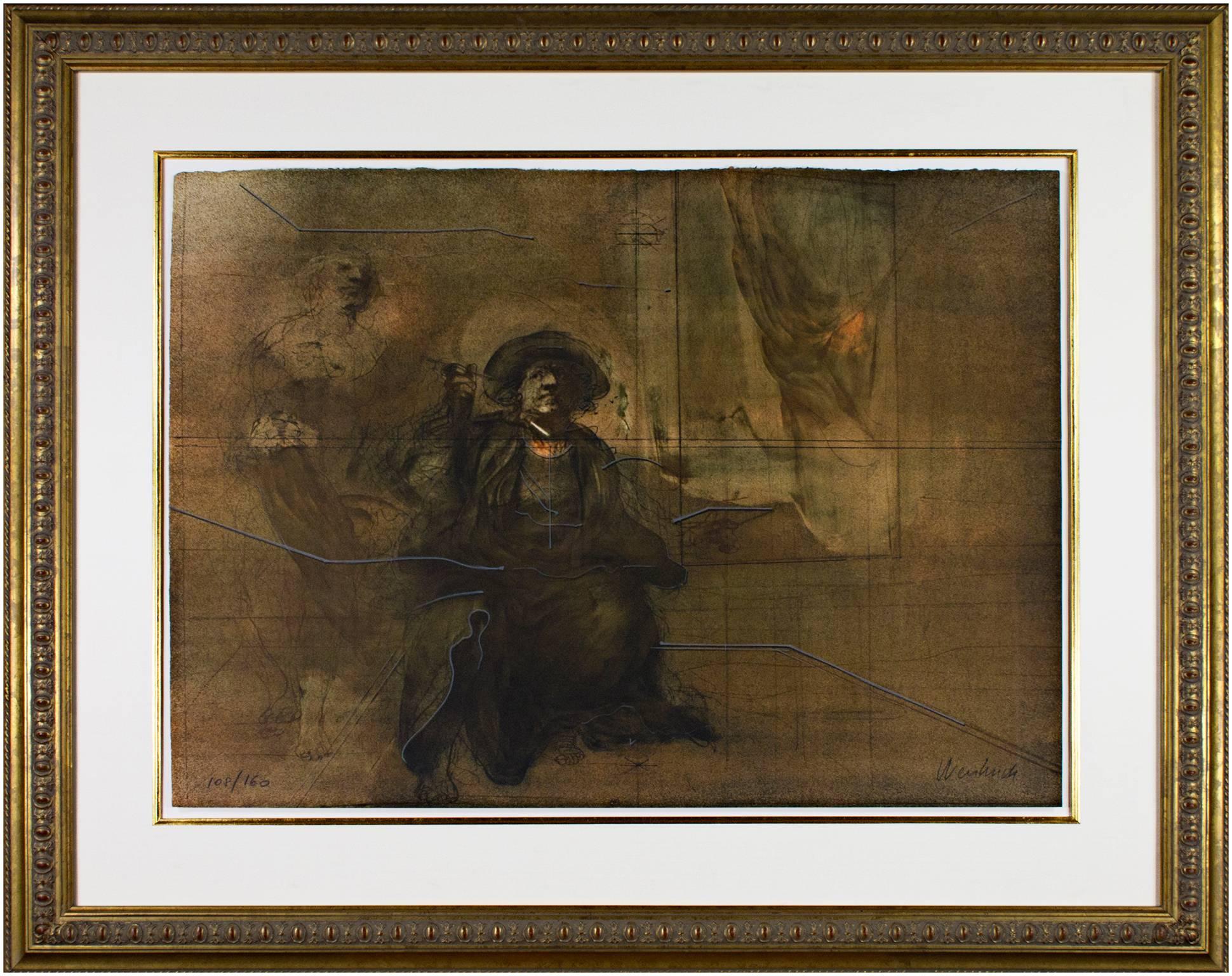 Siglo XX litografía en color grabado figurativo sujeto masculino escena oscura firmado en venta 2