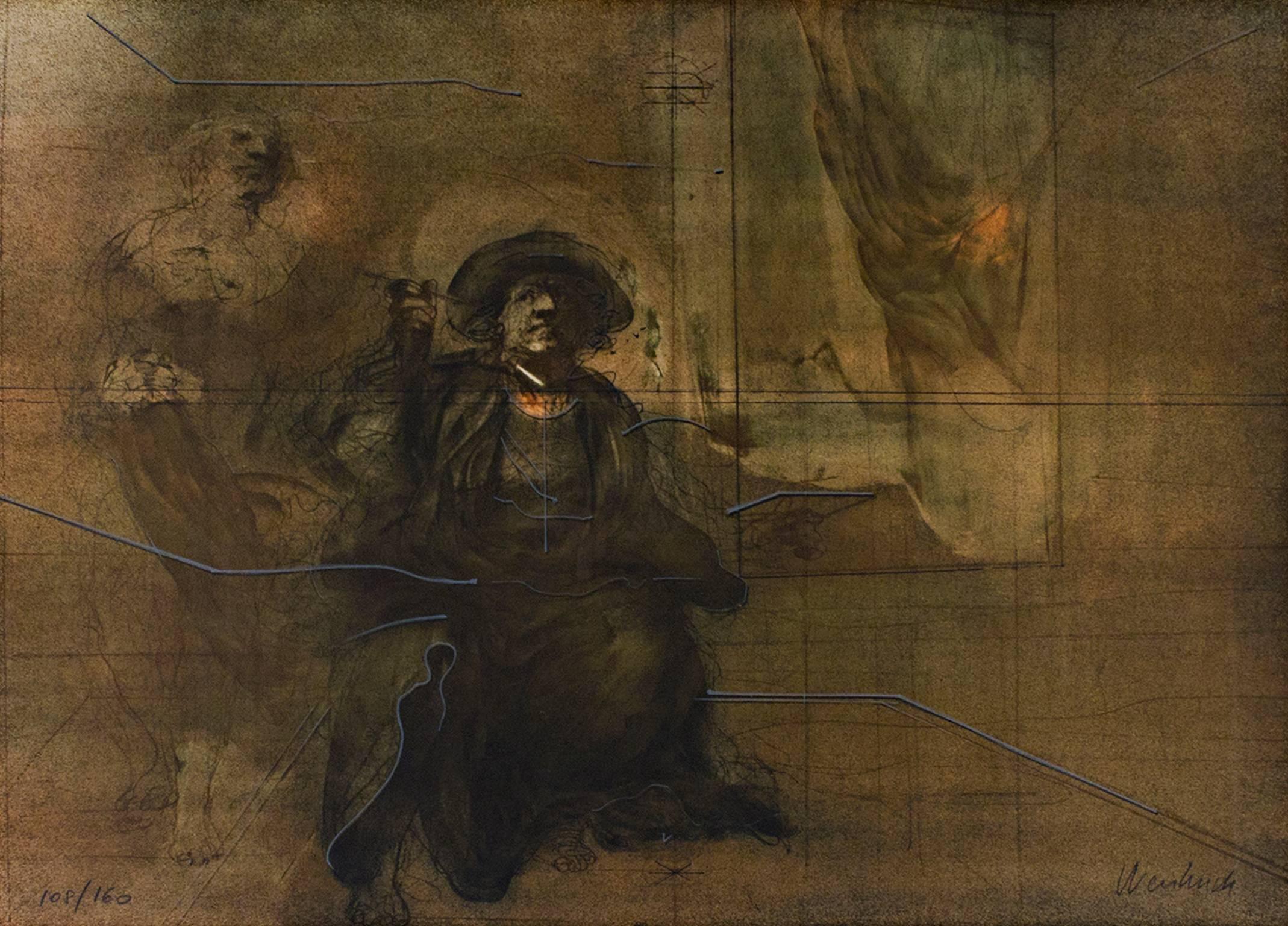 Figurative Print de Claude Weisbuch - Siglo XX litografía en color grabado figurativo sujeto masculino escena oscura firmado
