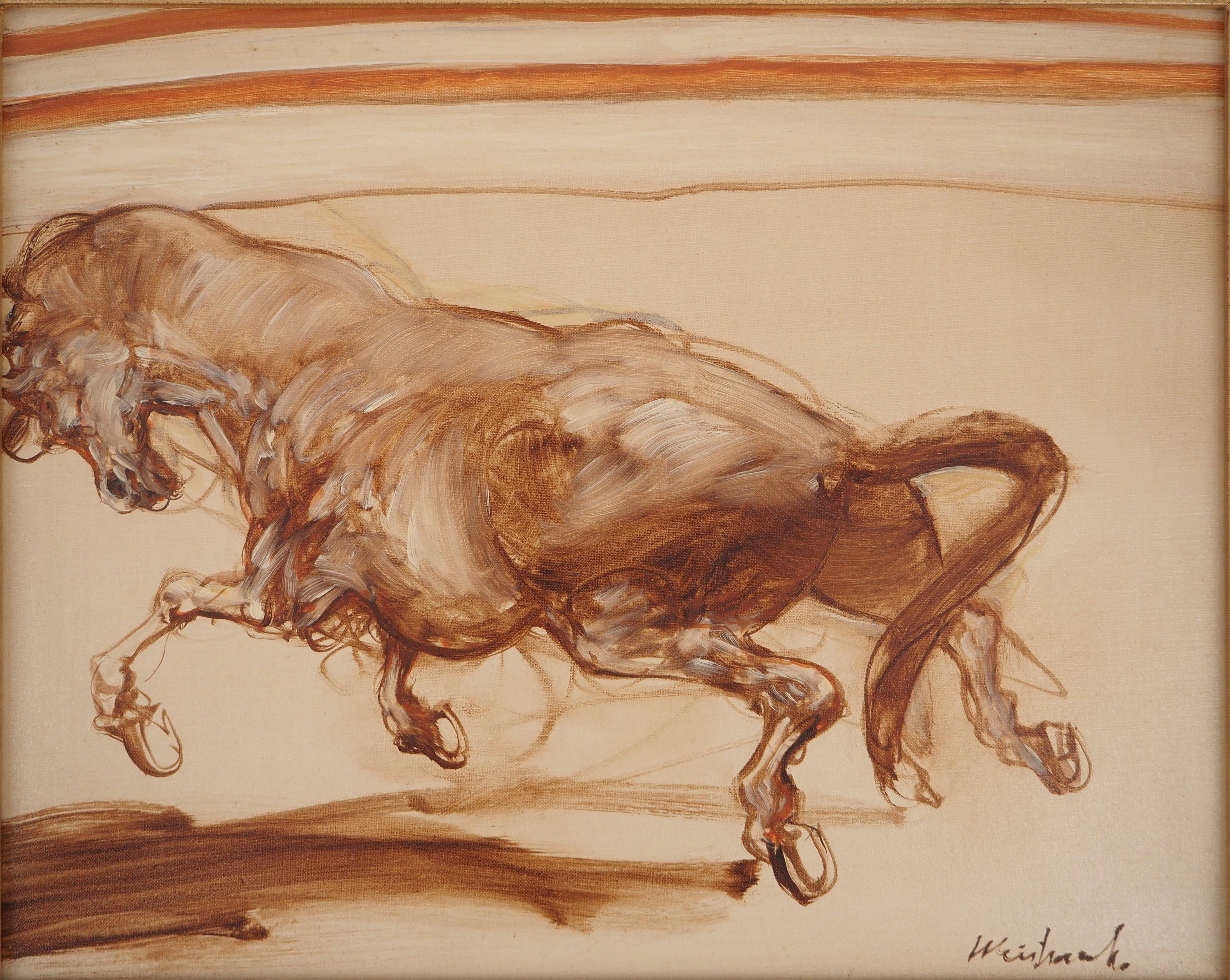 Caballo en el circo - Óleo original sobre lienzo, firmado #FRAMED - Animal Painting Marrón de Claude Weisbuch