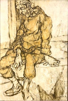Grande peinture à l'huile expressionniste française figurative représentant une figure assise, Claude Weisbuch