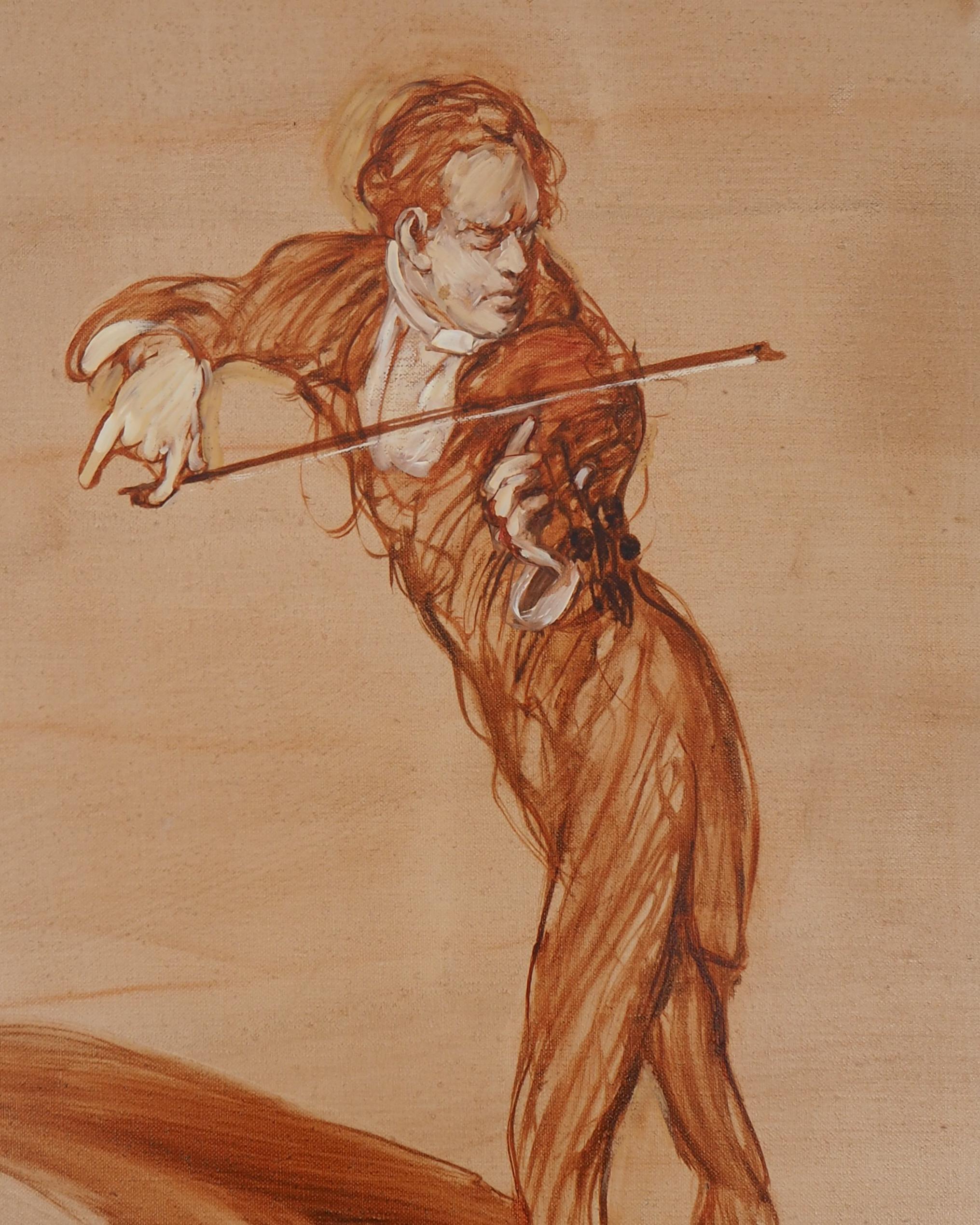 Violin : The Soloist - Original Oil on Canvas, Signed - Brown Figurative Painting by Claude Weisbuch