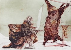 Original signierte Lithographie „Boeuf Ecorche“ von Rembrandt mit geschnitztem Eichenholz, 1970er Jahre