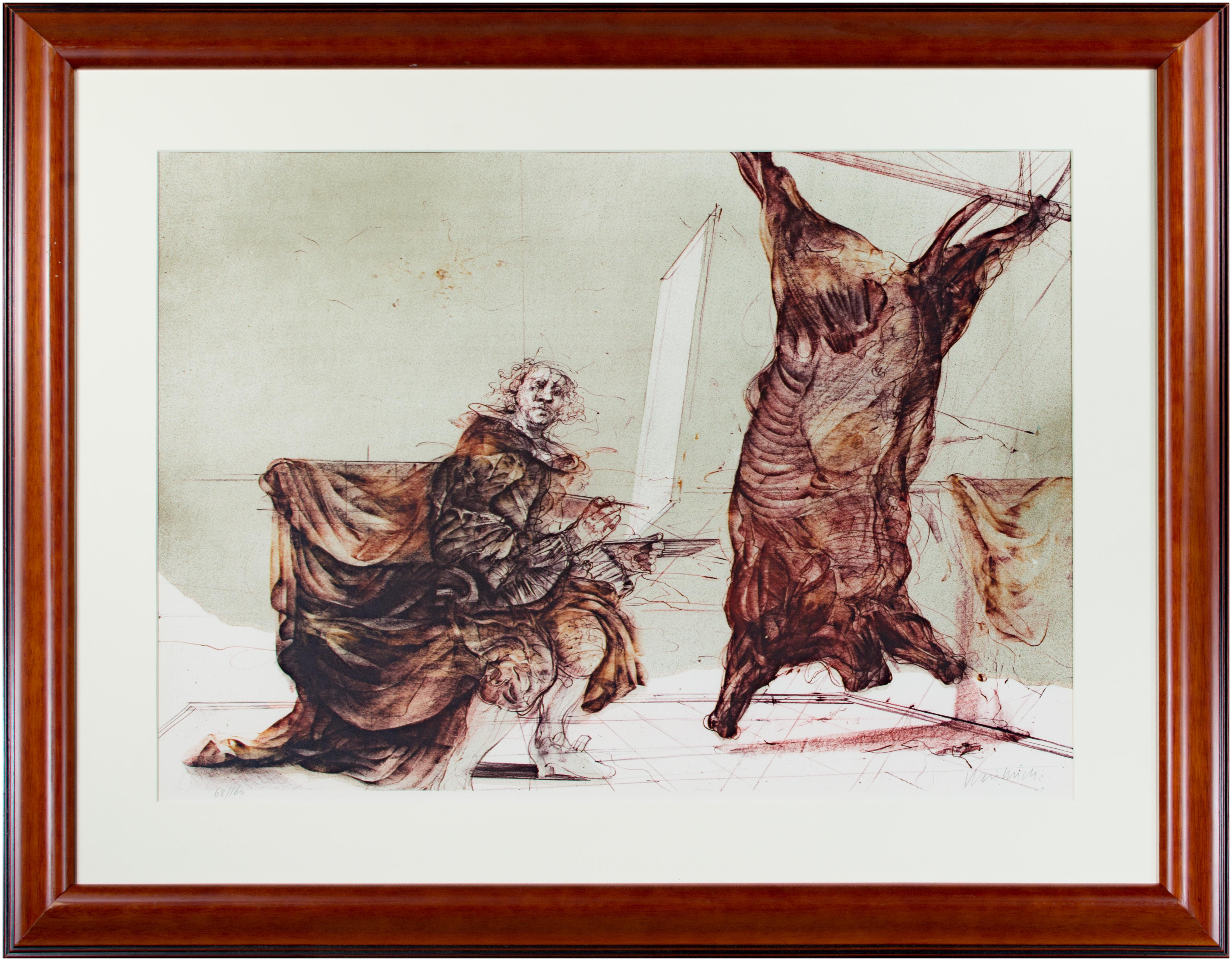'Boeuf Ecorche' original signed lithograph, Rembrandt with slaughtered ox 1970s