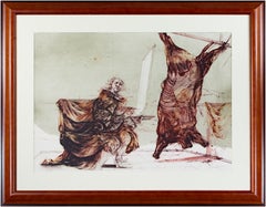 Original signierte Lithographie „Boeuf Ecorche“ von Rembrandt mit geschnitztem Eichenholz, 1970er Jahre