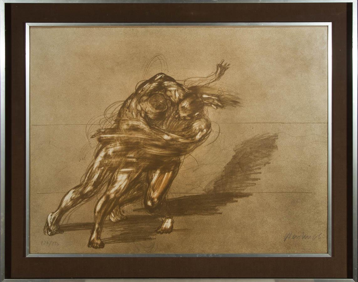 In this breathtaking artwork, two wrestlers are captured in the swirling blur of a fight. With strong undertones of the human condition, the figures weave and blend into one form through seamless smears and smudges. The clutched figures contrast the