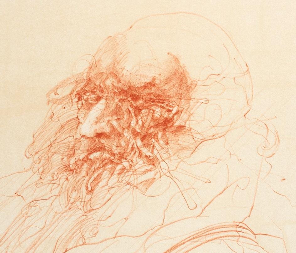 Homage a Leonard de Vinci-Front. Self-portrait of de Vinci - Expressionist Print by Claude Weisbuch