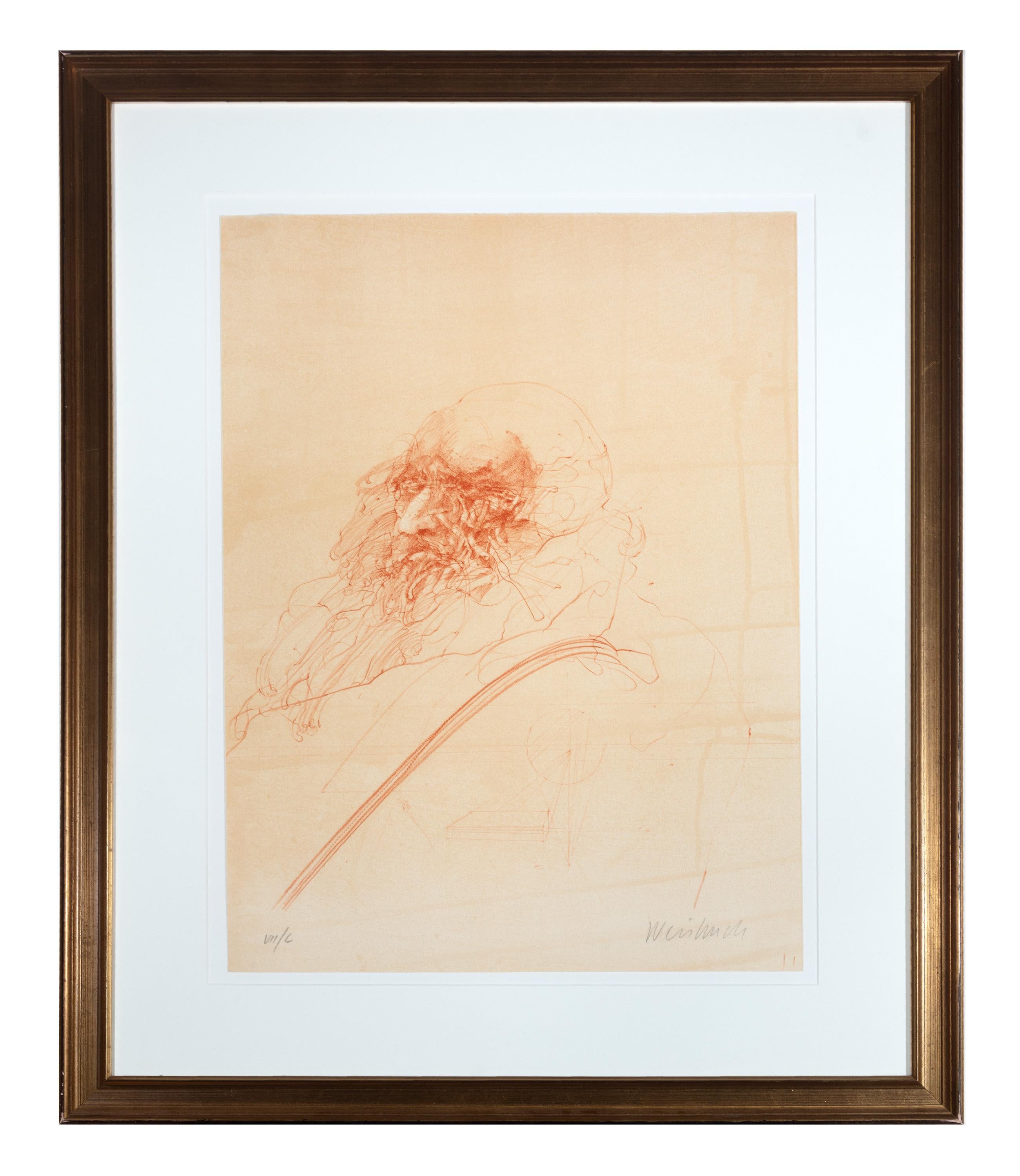 Homage A Leonard de Vinci (Portrait of Leonardo) Original lithograph - Print by Claude Weisbuch