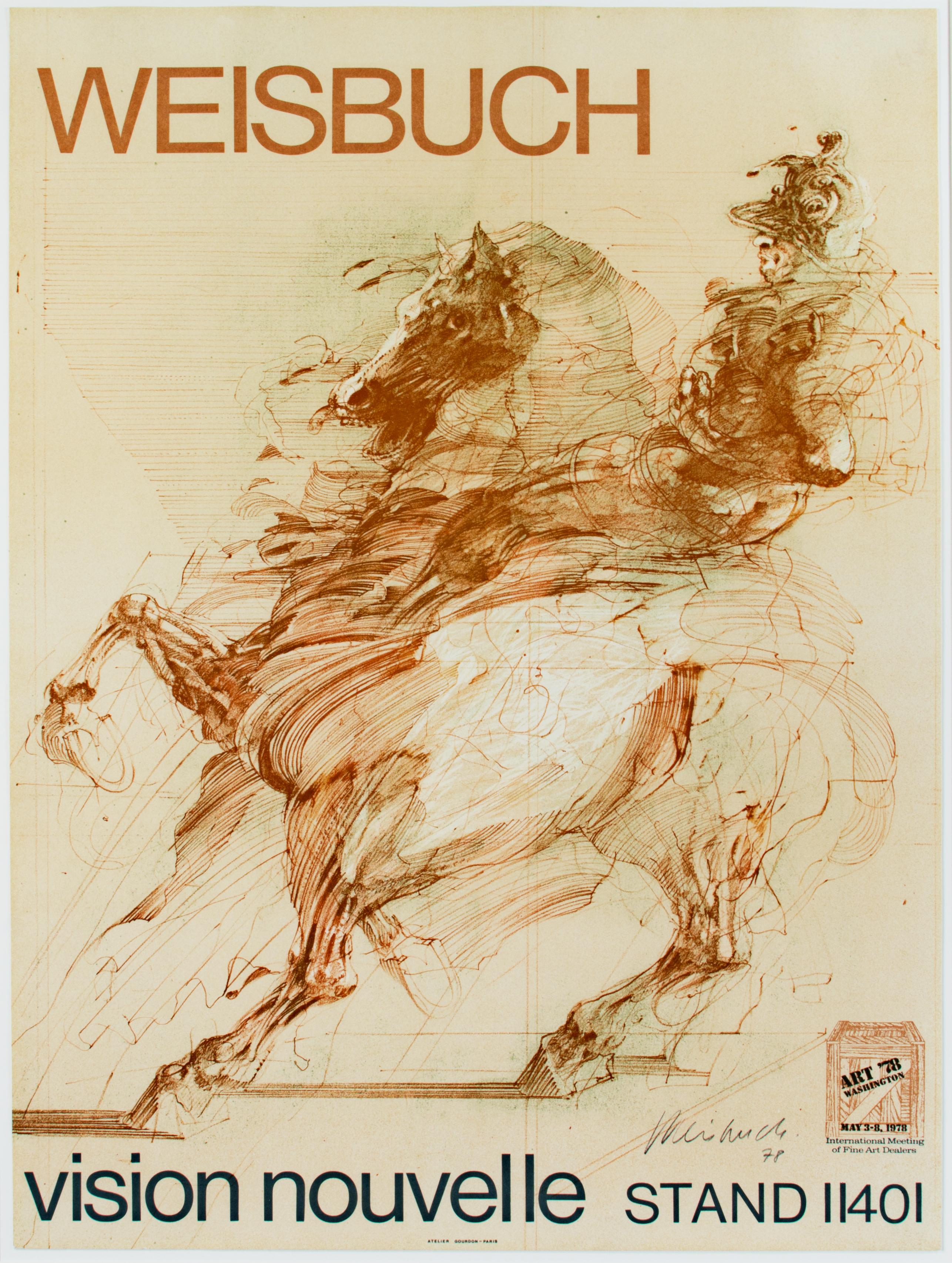 'Le Condottiere' cartel litografía original firmada, caballero a caballo años 70 - Print de Claude Weisbuch