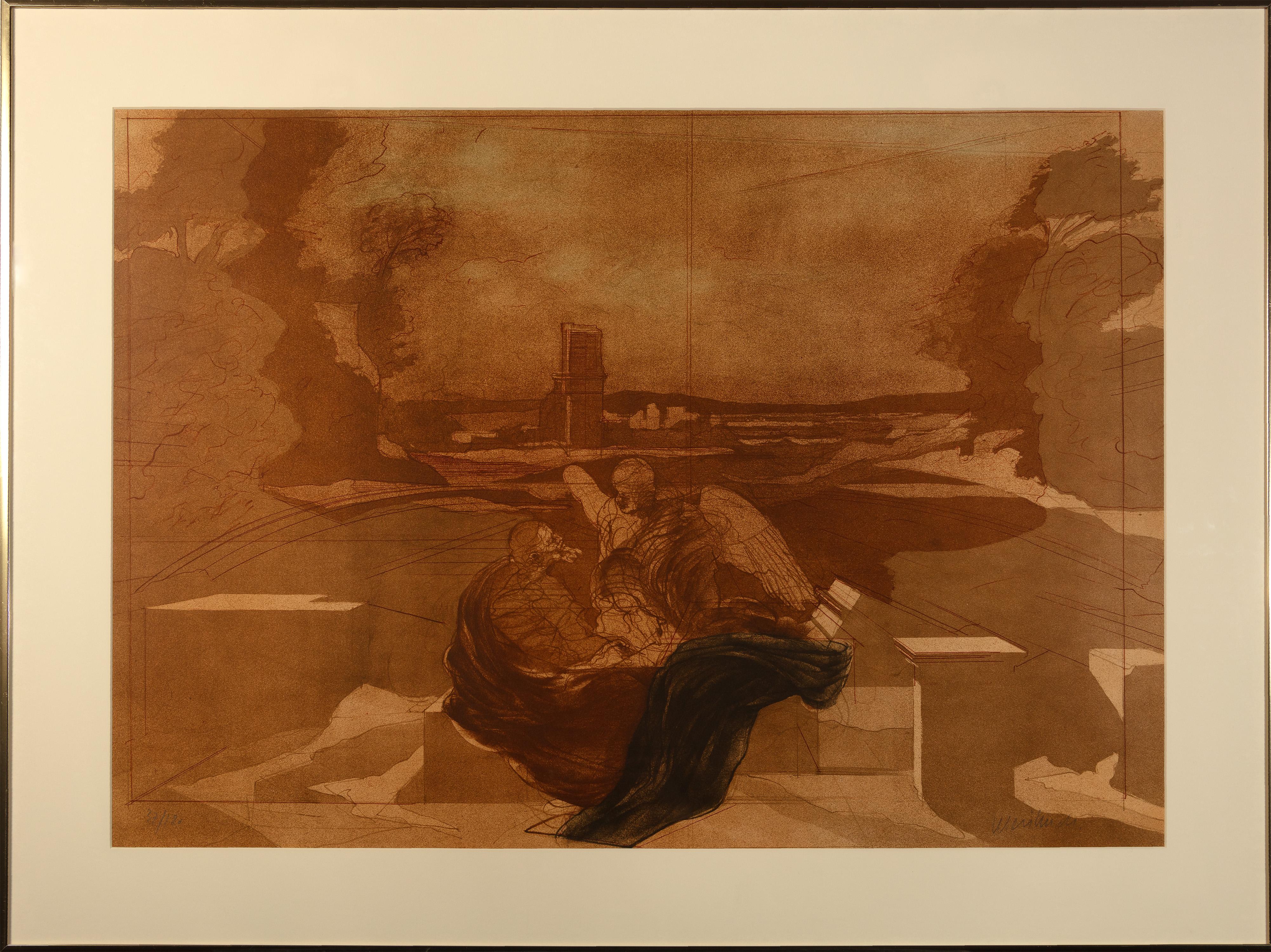 litografía en color del siglo xx impresión de paisaje figurativo boceto en sepia firmado - Print de Claude Weisbuch