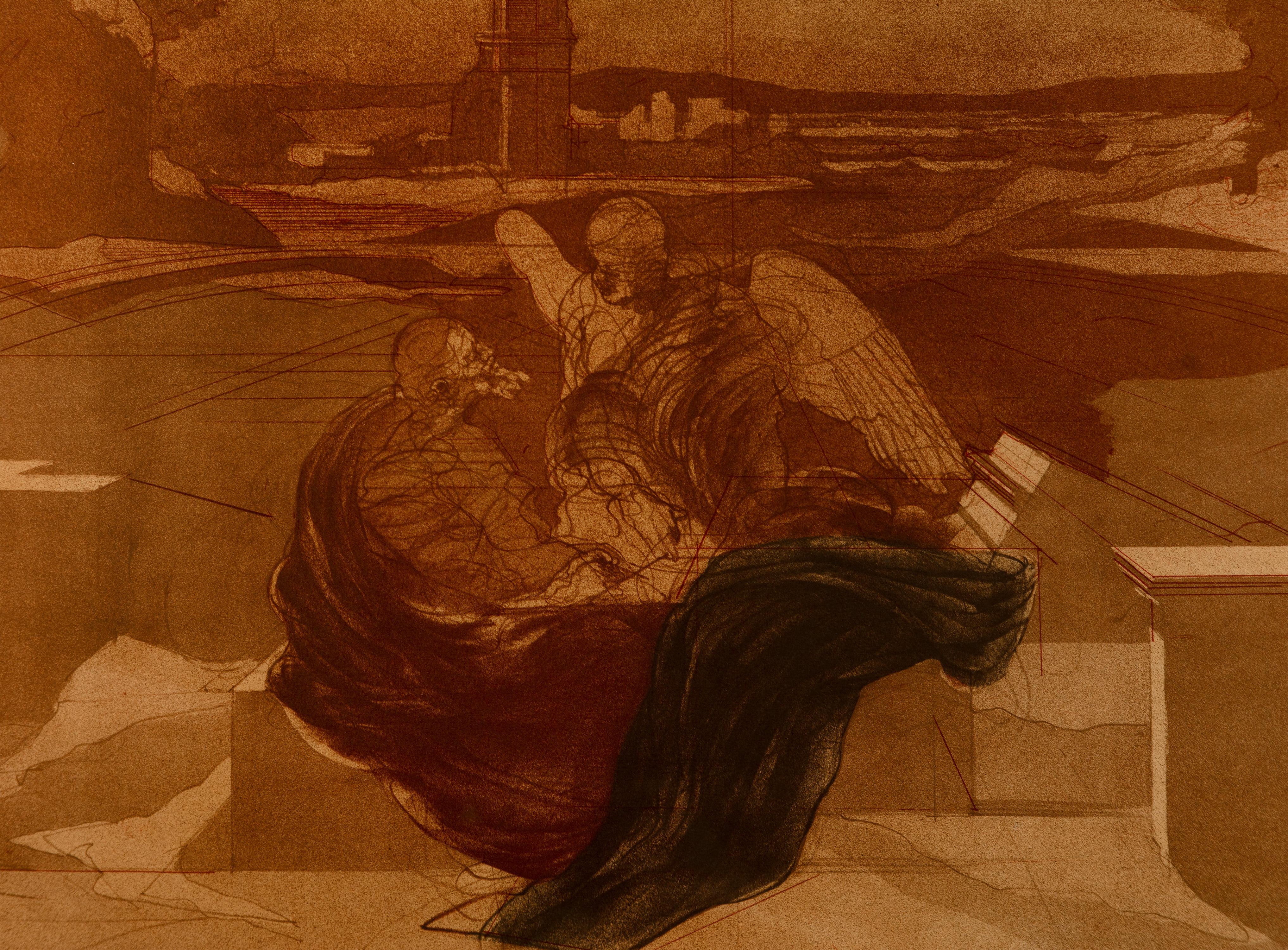 litografía en color del siglo xx impresión de paisaje figurativo boceto en sepia firmado - Print Antiguos maestros de Claude Weisbuch