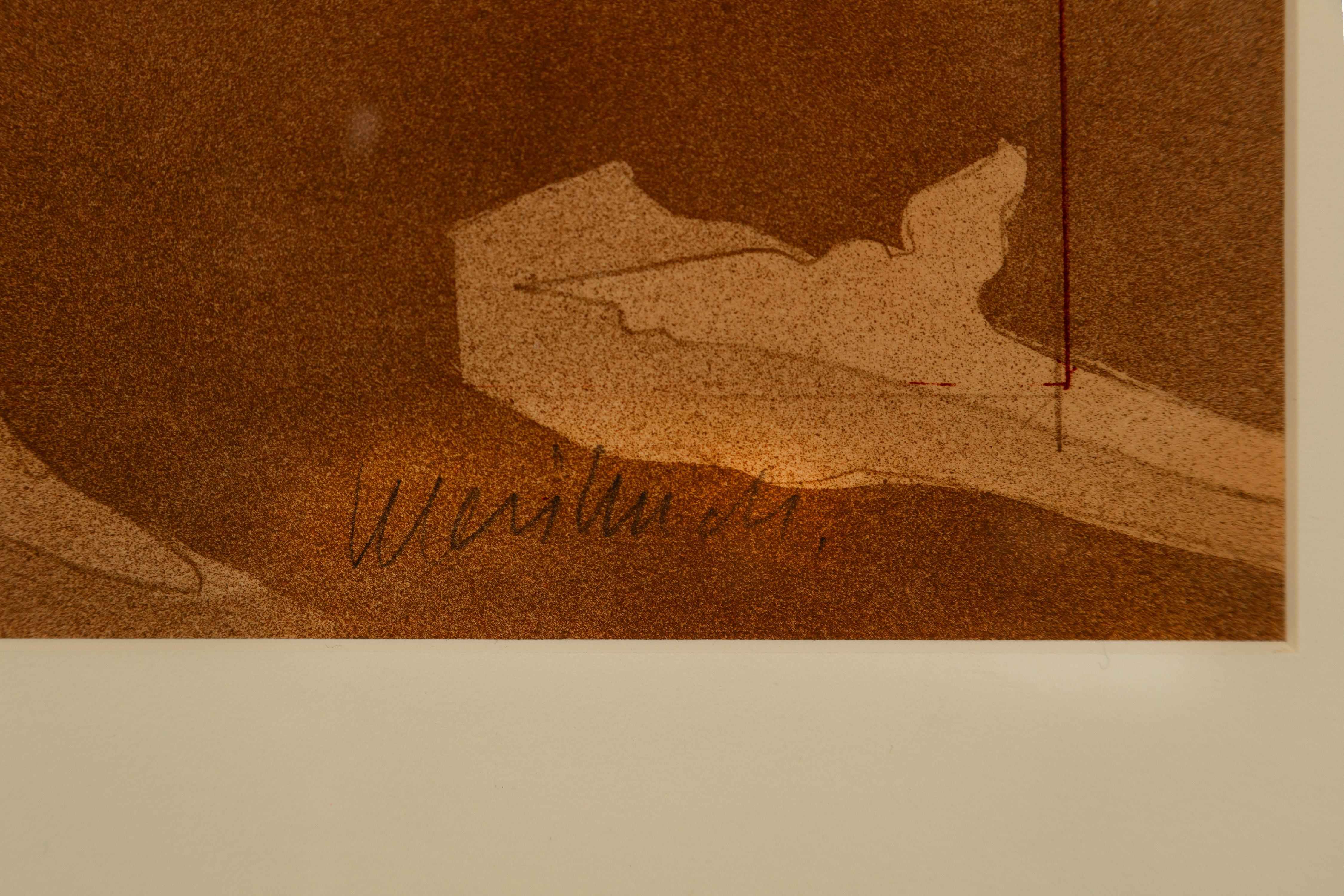 litografía en color del siglo xx impresión de paisaje figurativo boceto en sepia firmado en venta 1