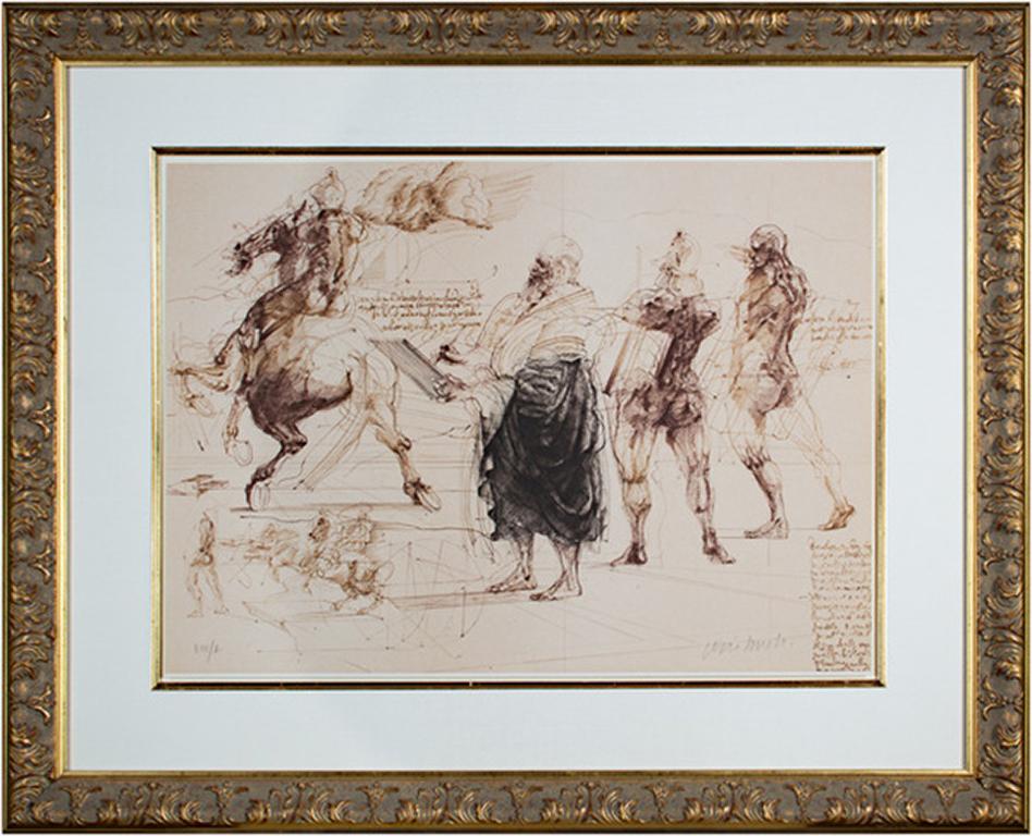Original Lithographie Pferd Anatomie Leonardo Davinci Nude männliche Figur Sepia Signiert – Print von Claude Weisbuch