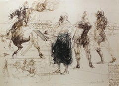Lithographie originale de l'anatomie du cheval Léonard Davinci figure masculine nue signée Sepia