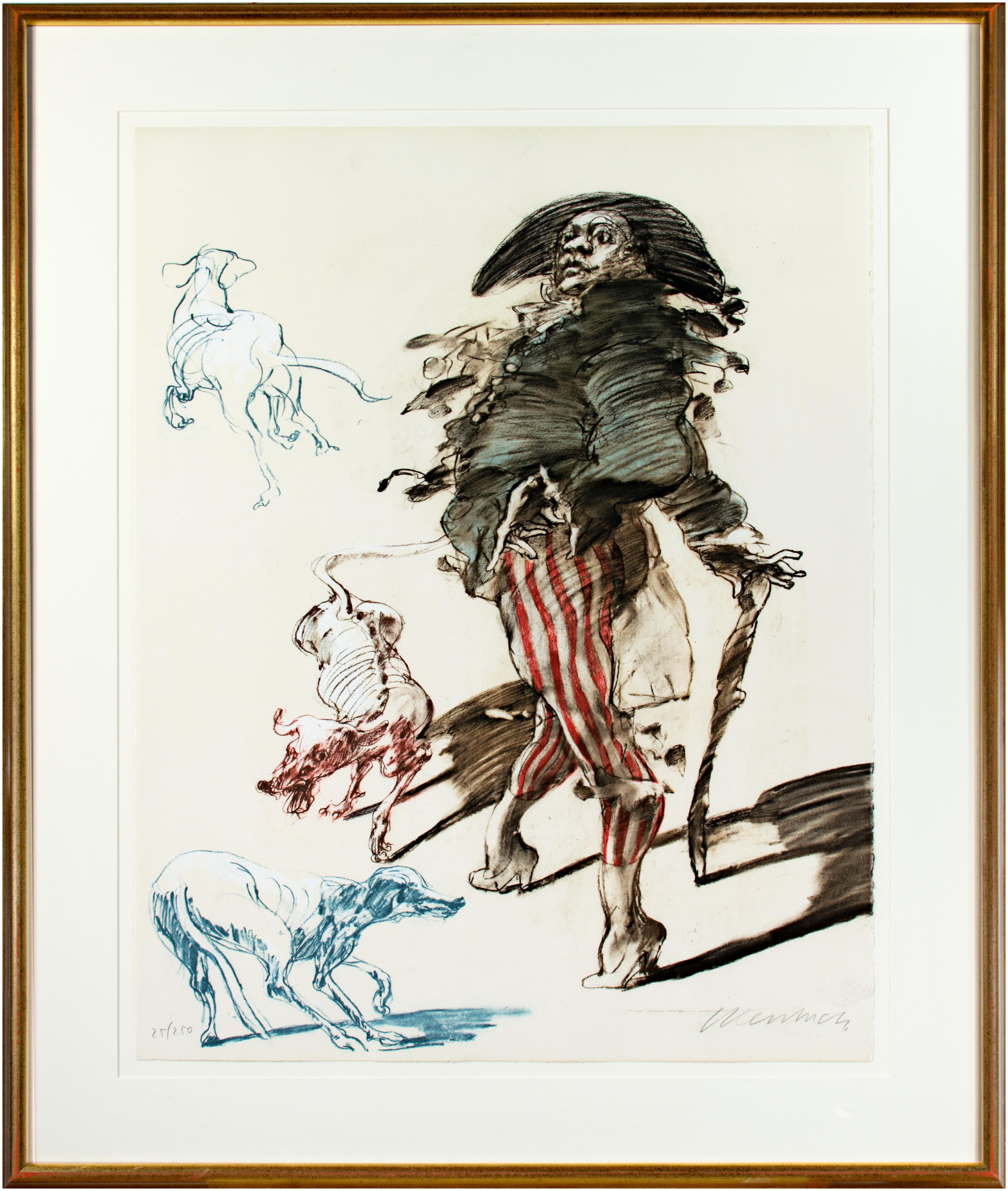 Claude Weisbuch Figurative Print - 'Polichinelle Et Ses Trois Chiens' original signed lithograph, Pulcinella & dogs