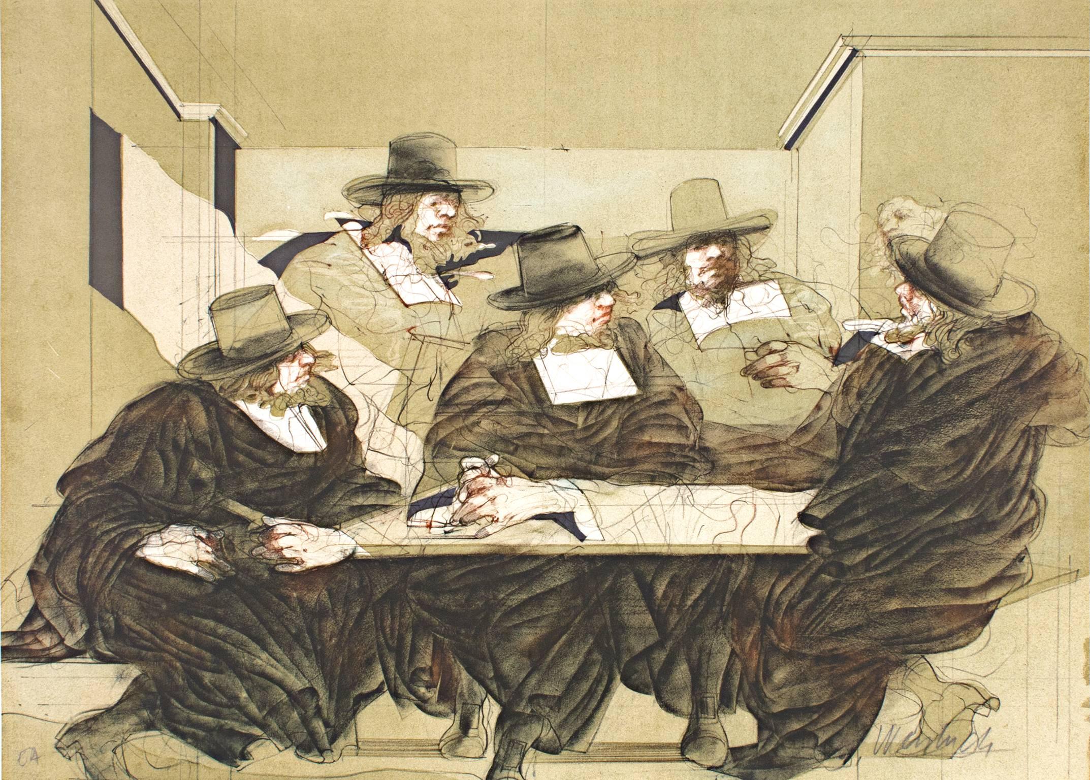 Claude Weisbuch Figurative Print - "Syndic Des Drapiers, " Original Color figurative sketch print signed