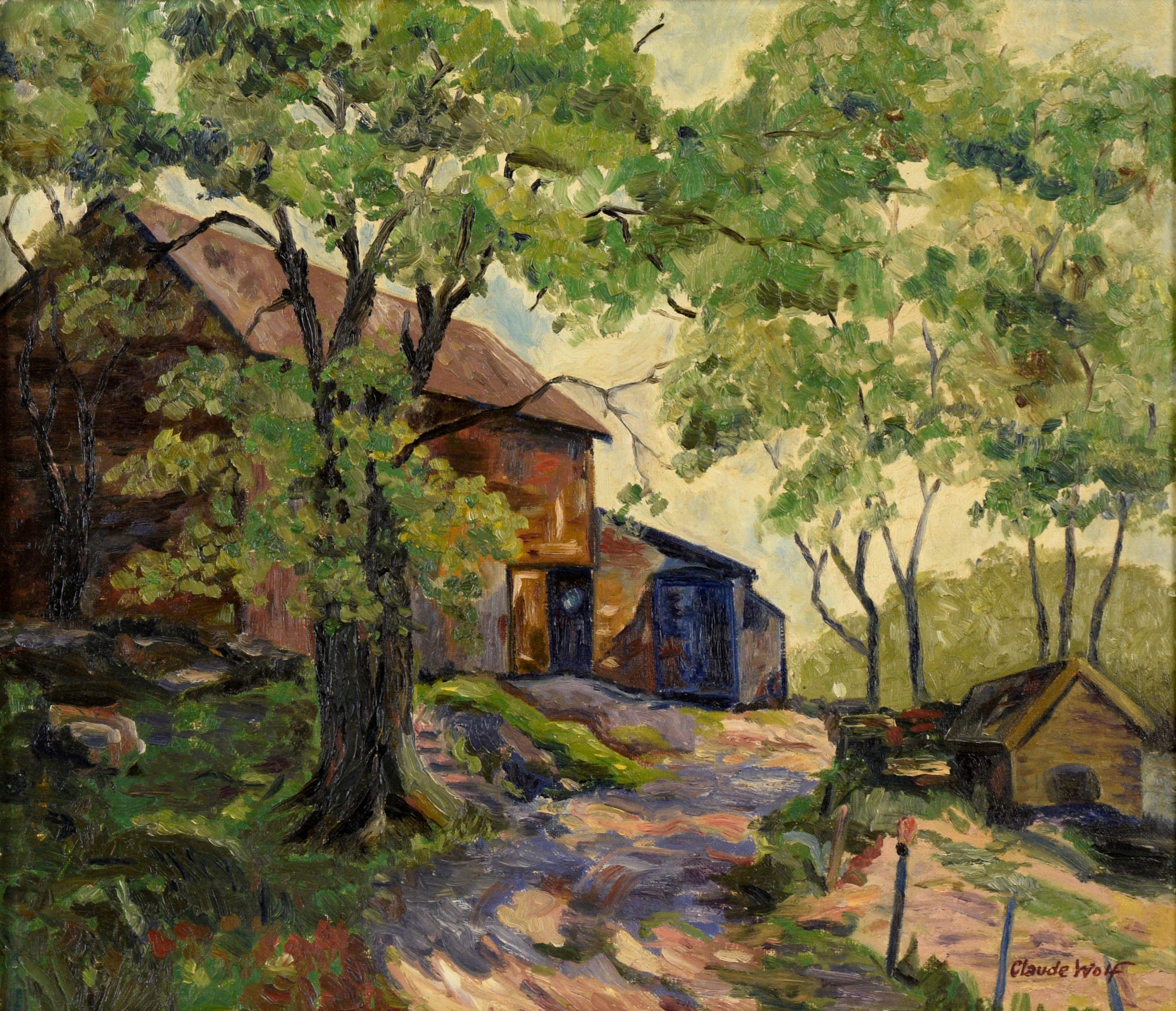 Barn in the Shade - Farm Landscape - Painting by Claude Wolf