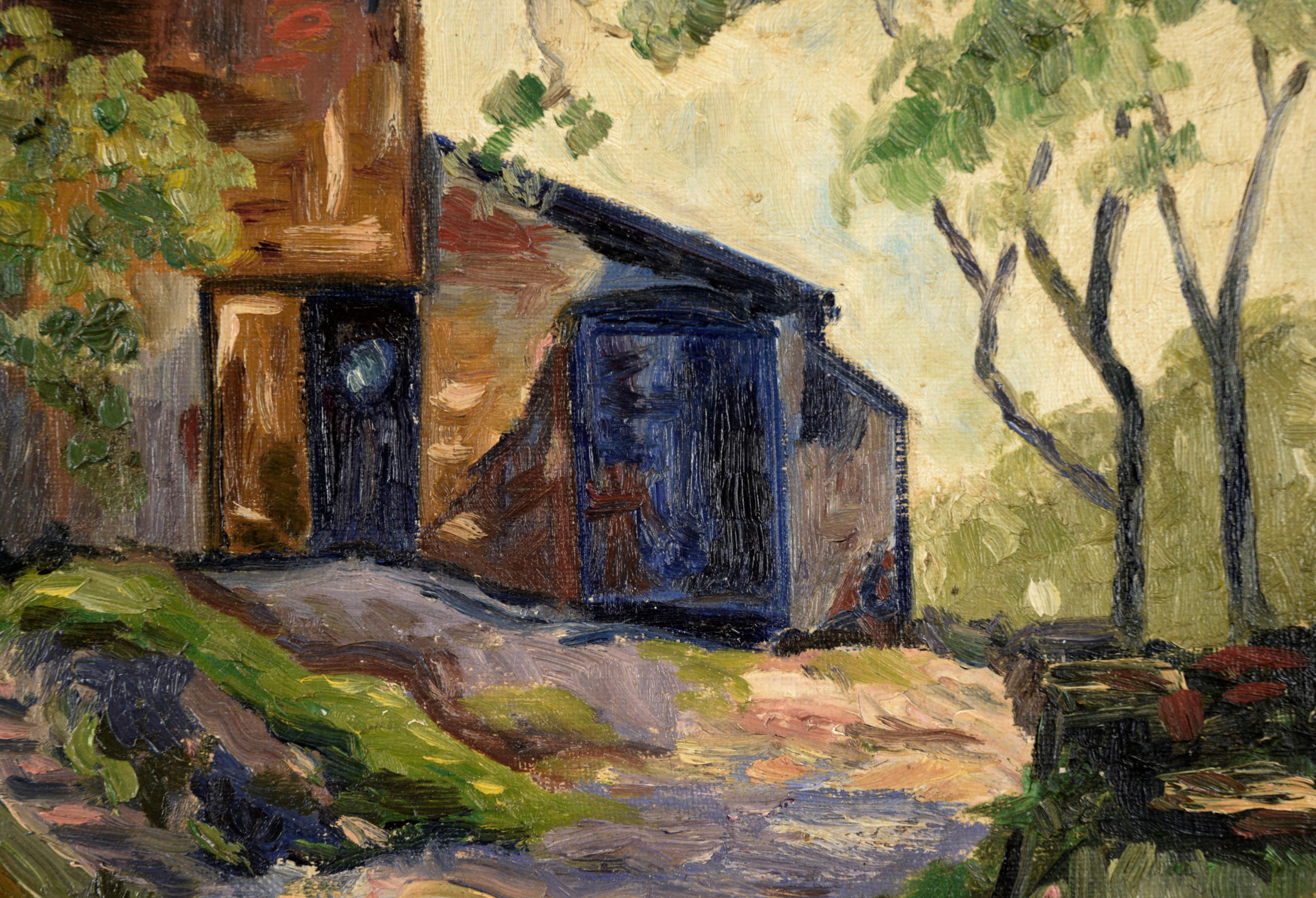 Barn in the Shade - Farm Landscape - Brown Landscape Painting by Claude Wolf