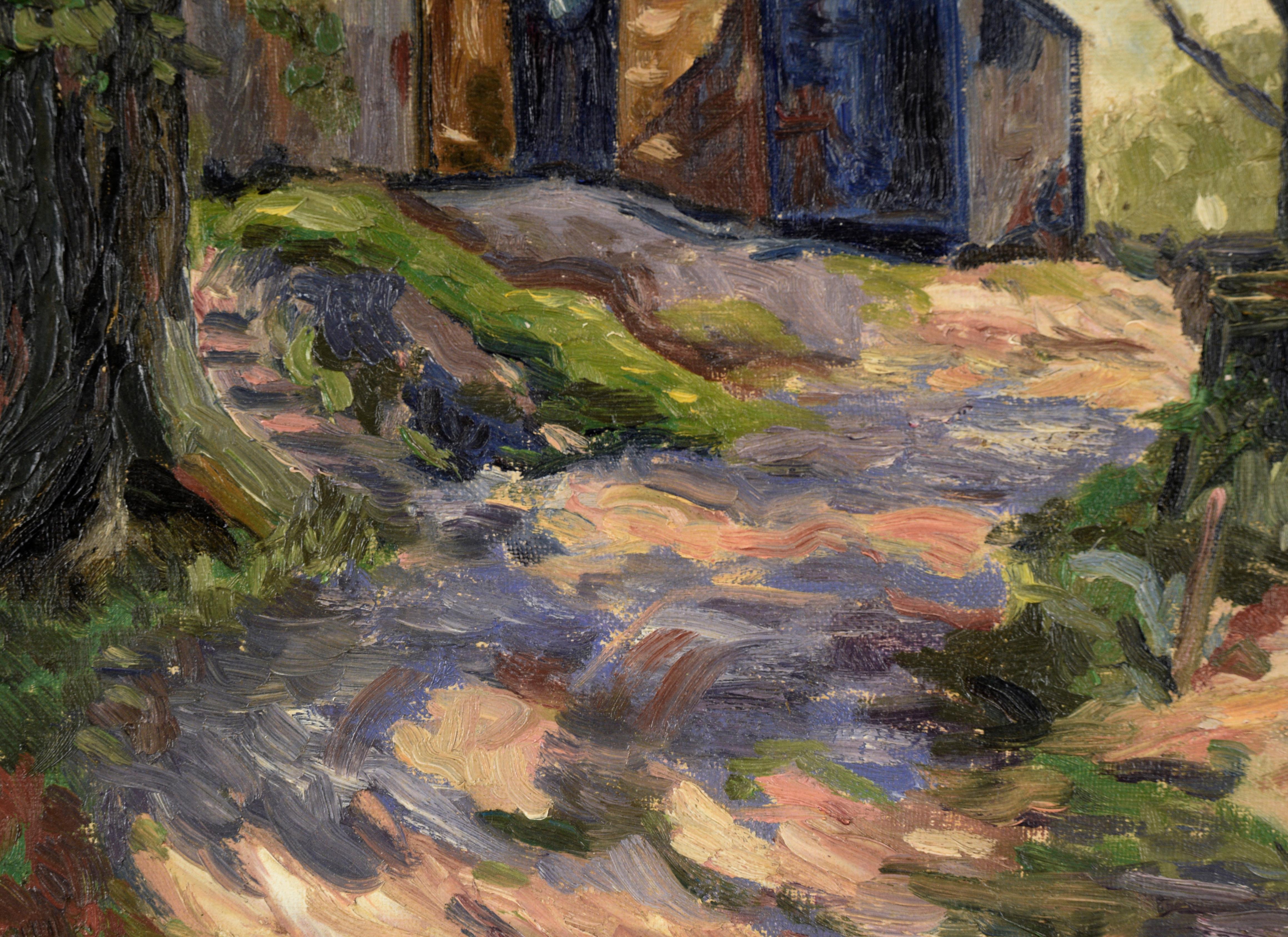Serene depiction of a barn at the end of a driveway by Claude Wolf (American, 19th/20th C). Several trees cast strong blue-tinted shadows, creating lovely patterns on the ground and barn. This piece was painted with heavy, confident strokes,