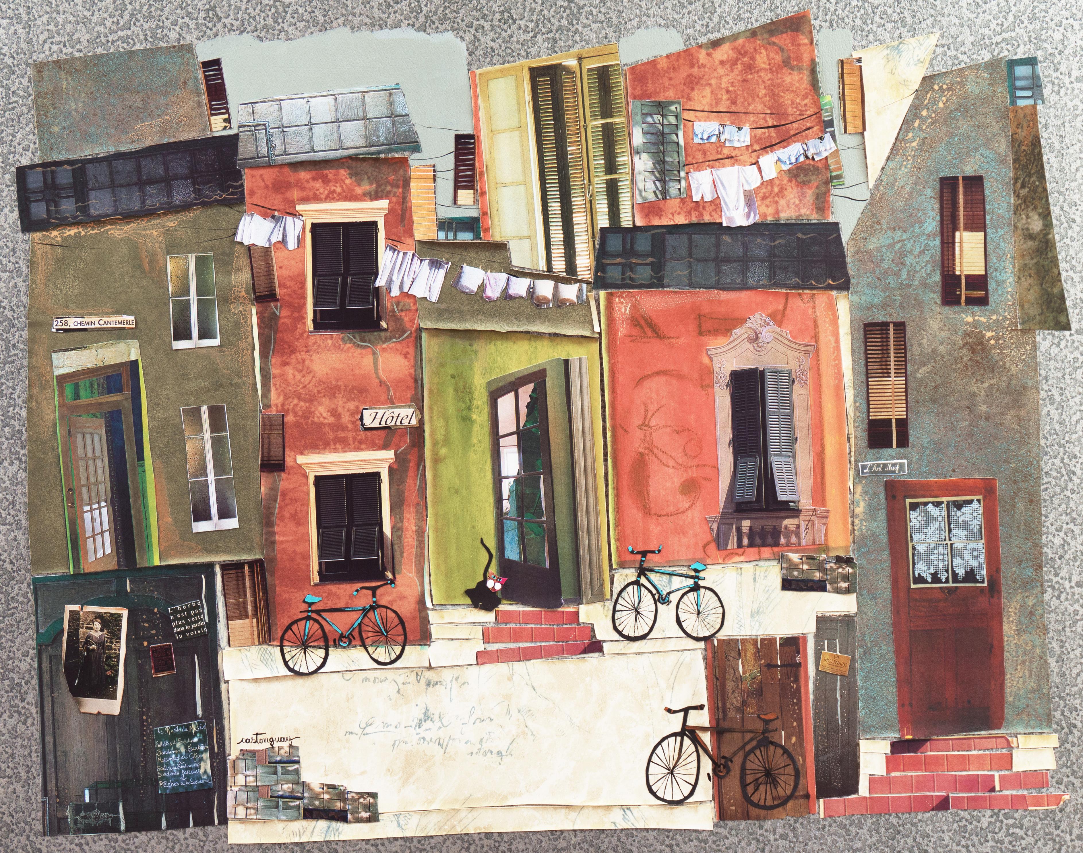 Urban Landscape Collage, 'Cat on a Stoop', Contemporary Canadian Woman Artist - Painting by Claudette Castonguay