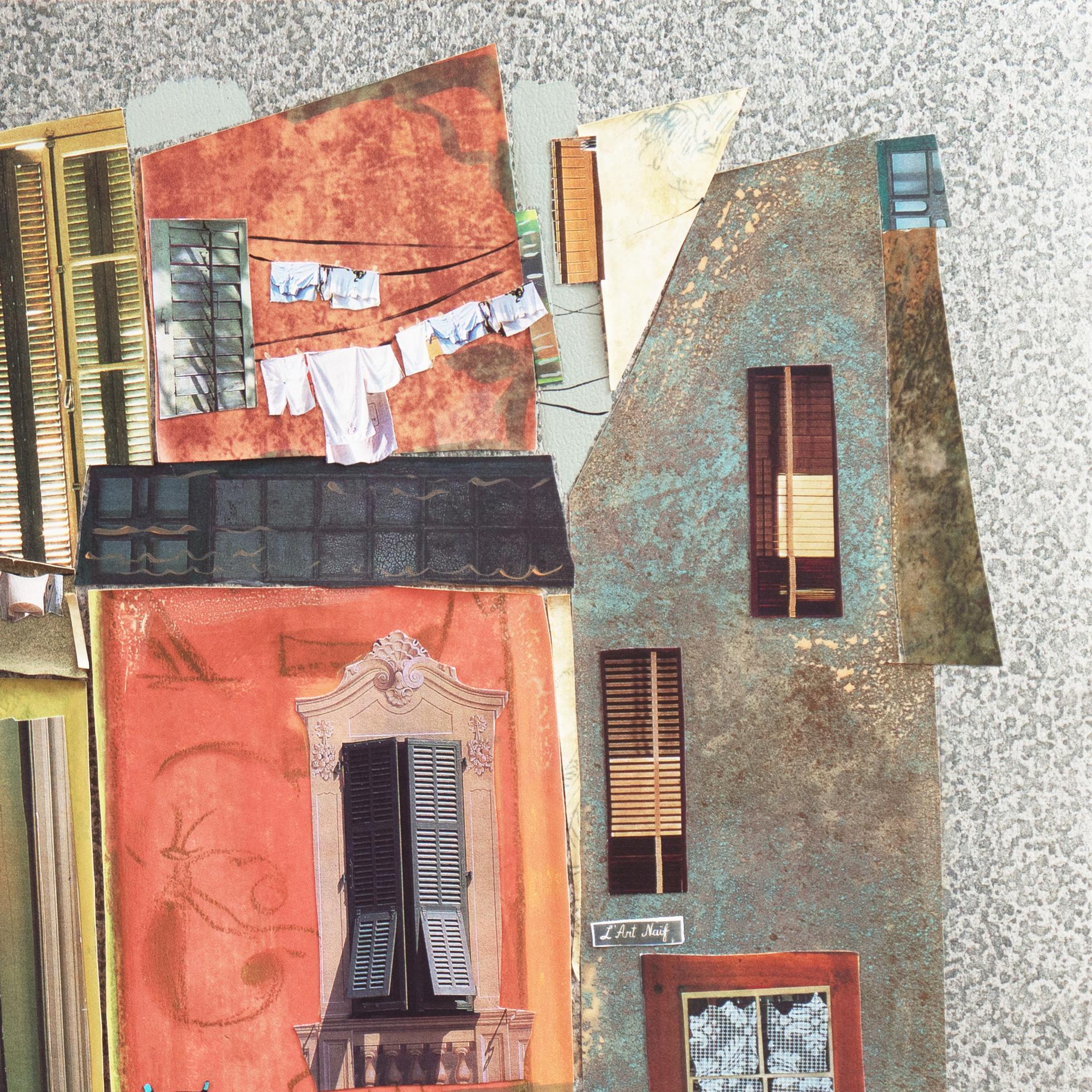 Urban Landscape Collage, 'Cat on a Stoop', Contemporary Canadian Woman Artist - Modern Painting by Claudette Castonguay