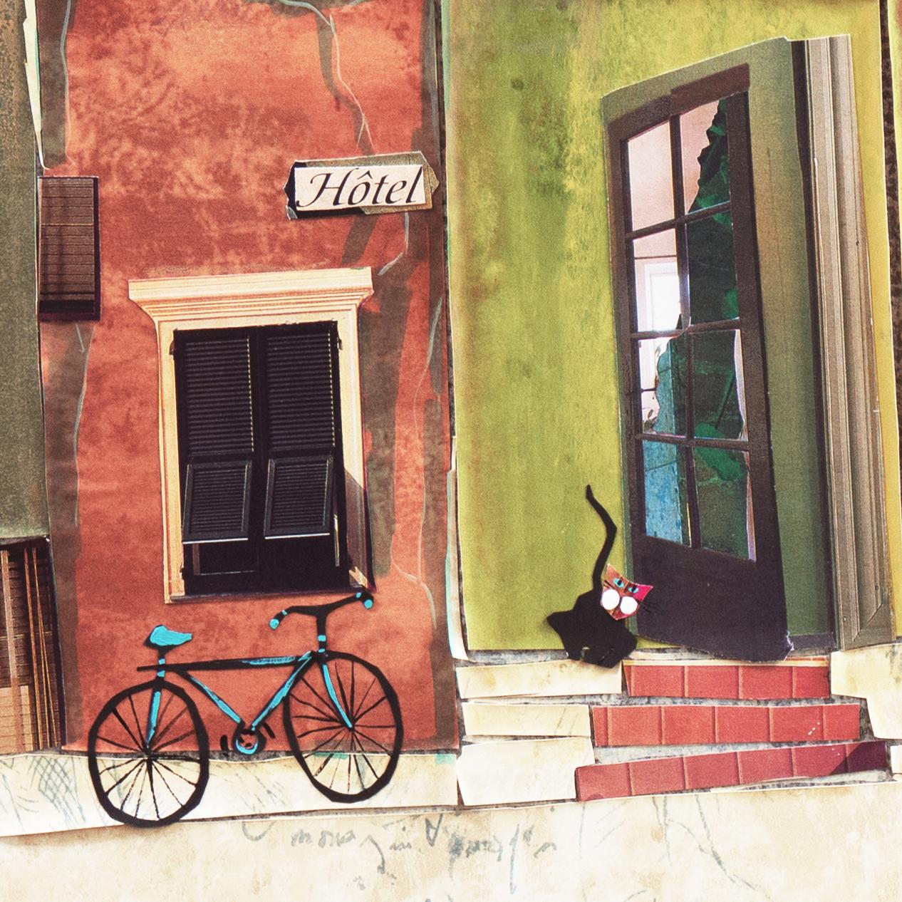 Urban Landscape Collage, 'Cat on a Stoop', Contemporary Canadian Woman Artist - Brown Landscape Painting by Claudette Castonguay
