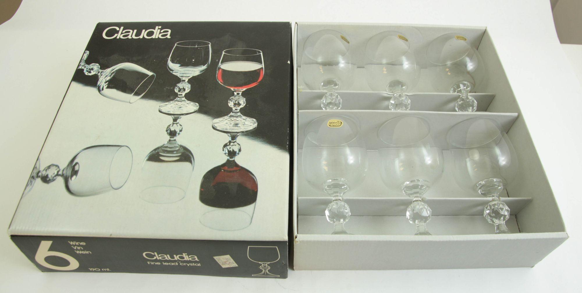 Bohemian Claudia Bohemia Stem Crystal Wine Glasses set of 6 in Box For Sale