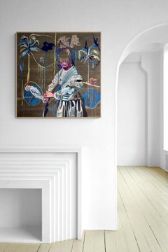 French Surrealist Oil on Canvas by Claudia Brutus, Woman with Birds